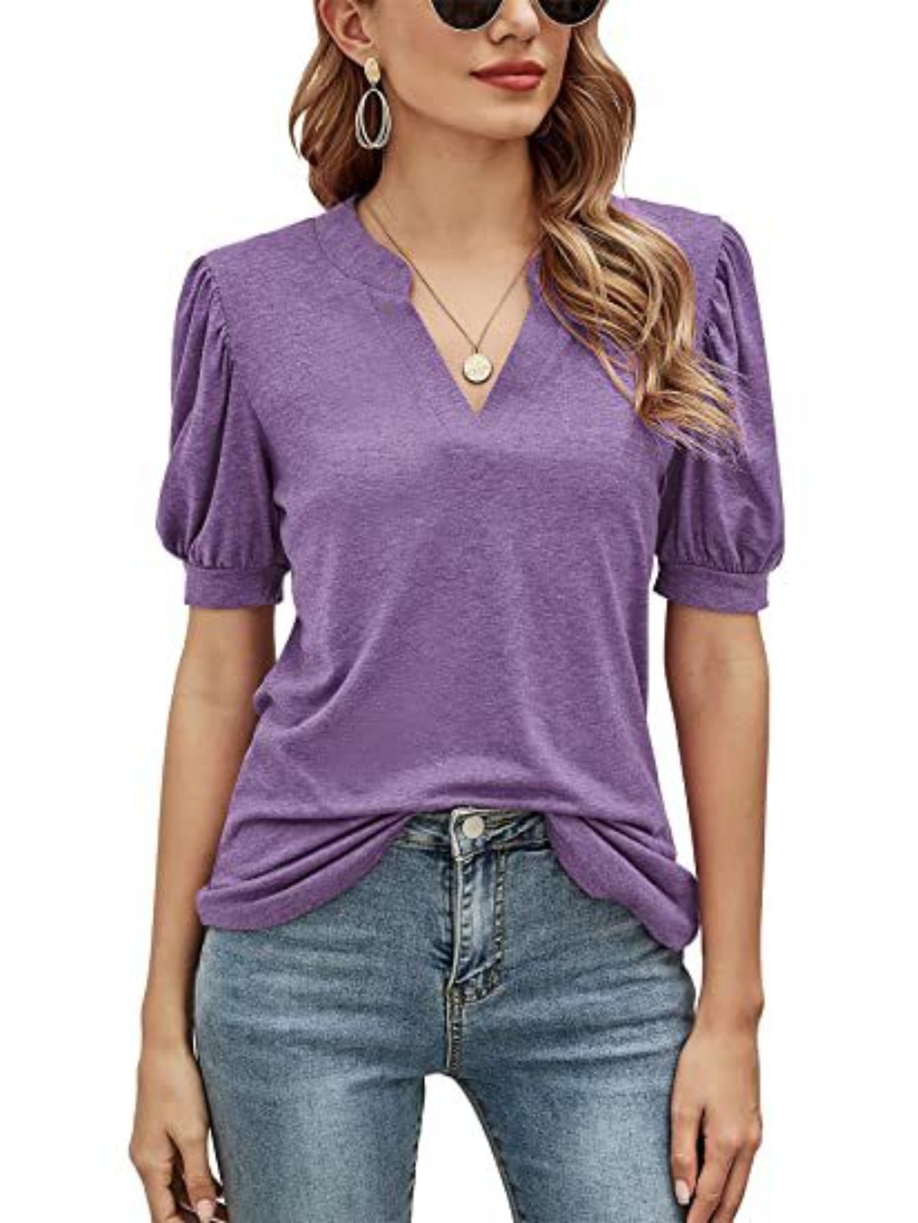 Solid Puff Sleeve T-Shirt, V Neck Short Sleeve T-Shirt, Casual Every Day Tops
