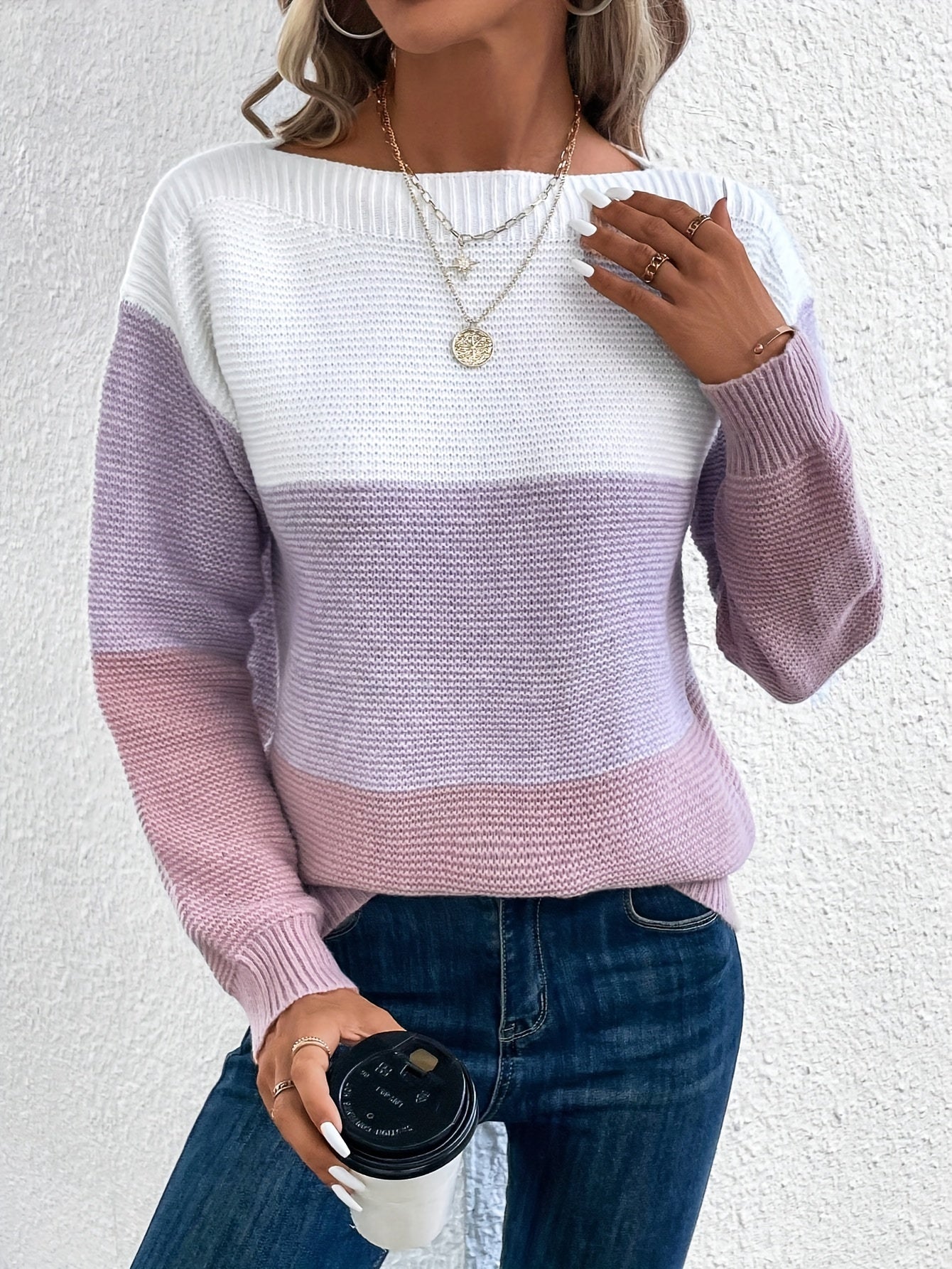 Long Sleeve Pullover Color Block Boat Neck Sweater