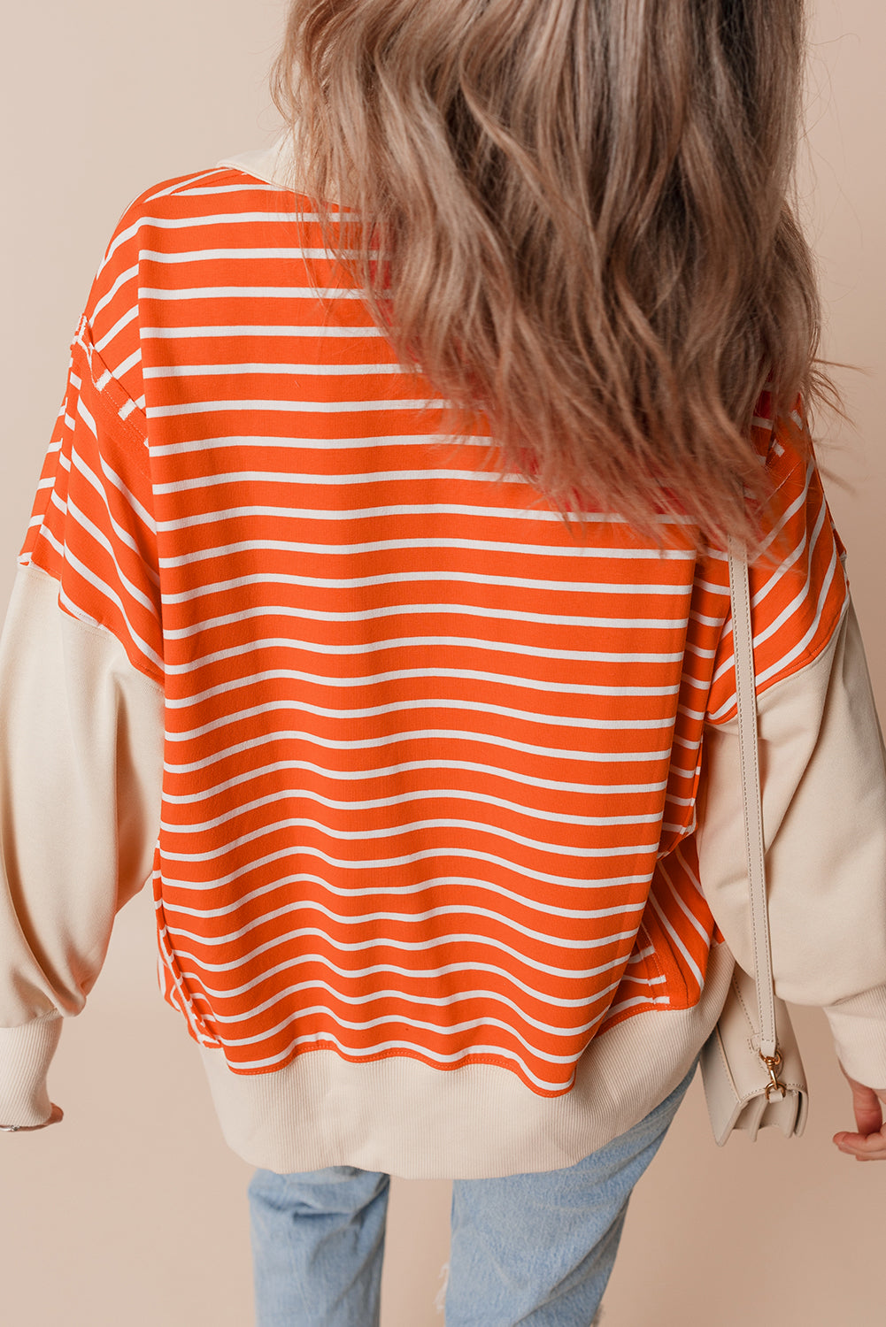 Orange Stripe Color Block Loose Fit Collared Drop Shoulder Sweatshirt