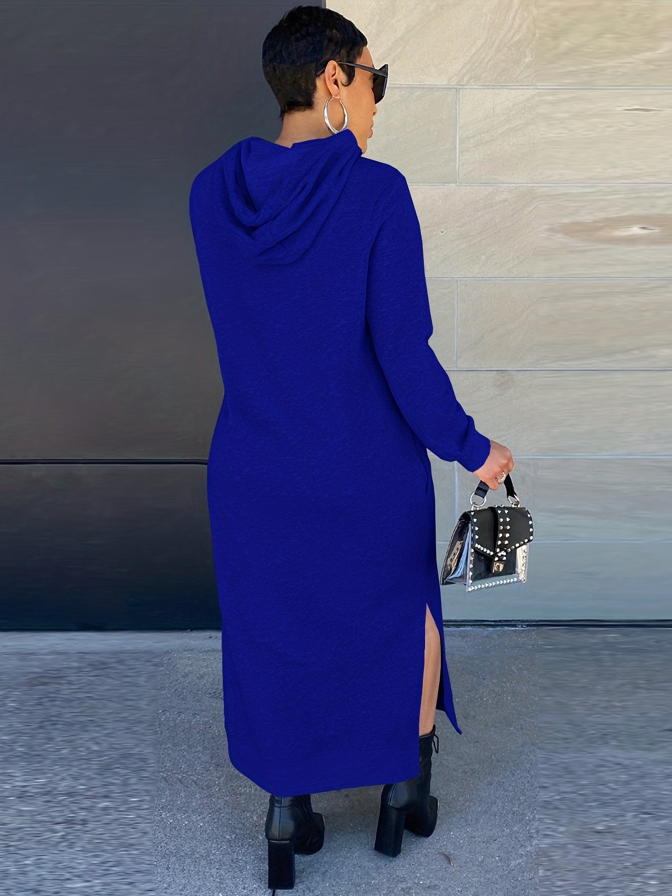 Drawstring Split Dress, Casual Hooded Long Sleeve Maxi Dress