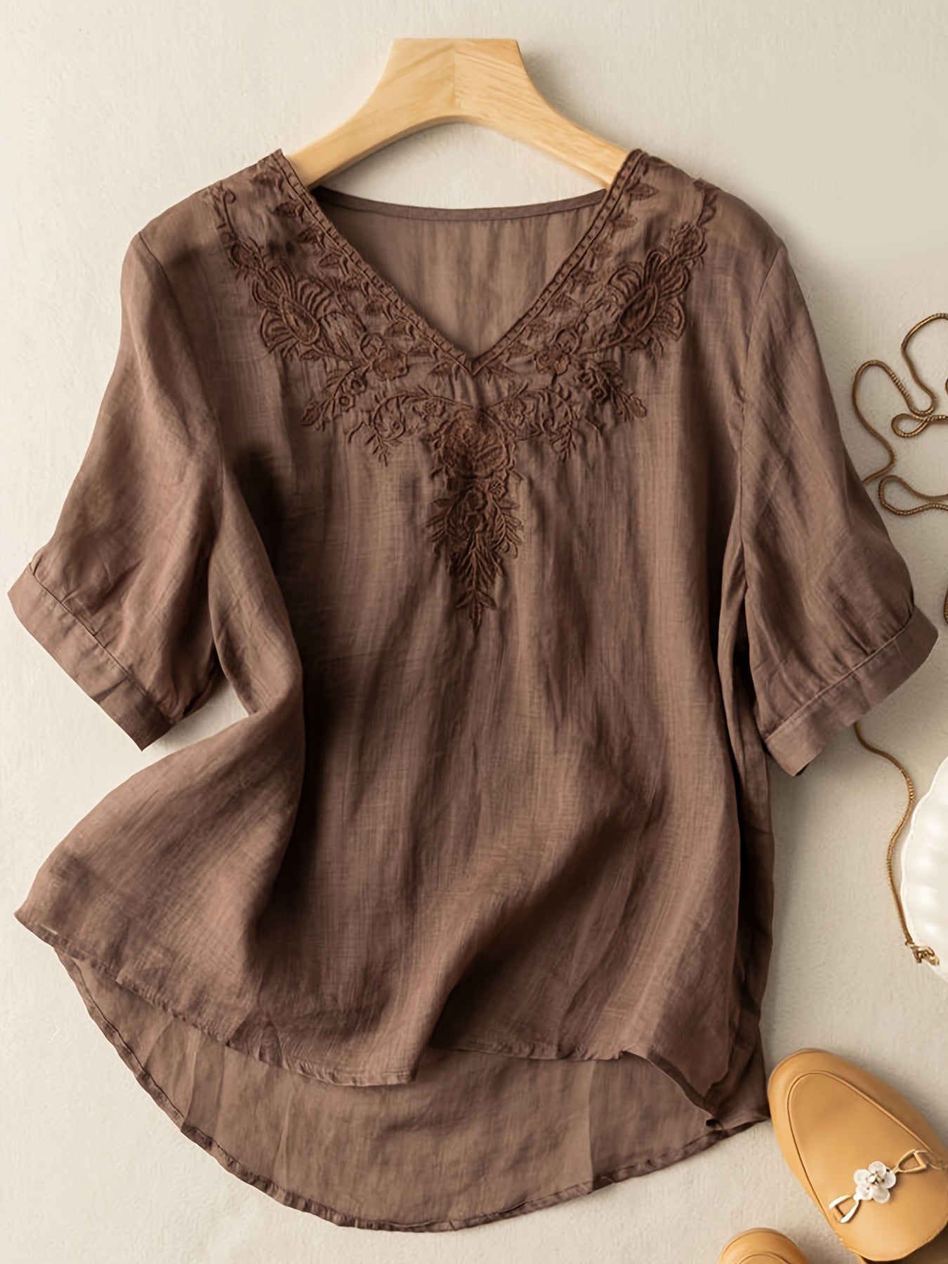 Floral Embroidery V Neck T-shirt, Vintage Half Sleeve Cotton Loose T-shirt