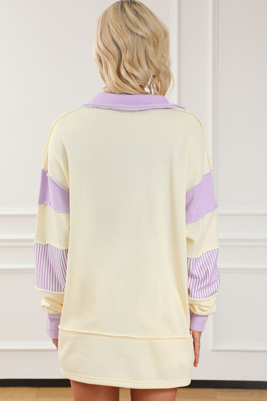 Yellow Colorblock Striped Split Neck Collared Sweatshirt