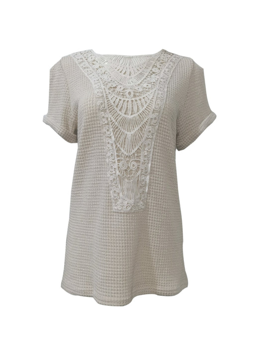 Contrast Lace Crew Neck T-Shirt, Casual Short Sleeve T-Shirt
