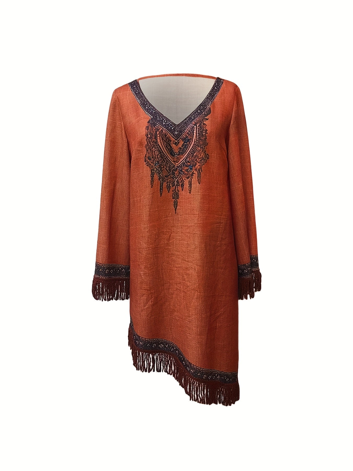 Elegant V-Neck Floral Pattern Fringe Detail and Long Sleeves Dress