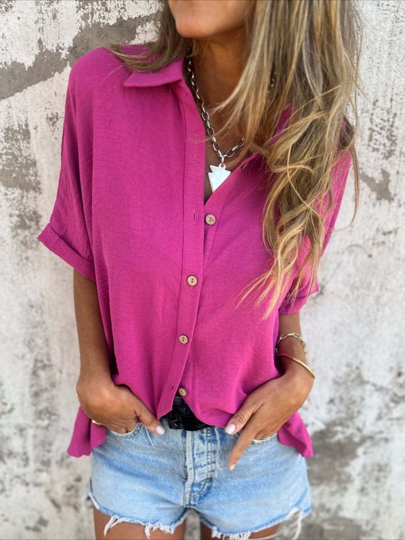 Casual Button Collared Short Sleeve Tunic Tops with Pocket