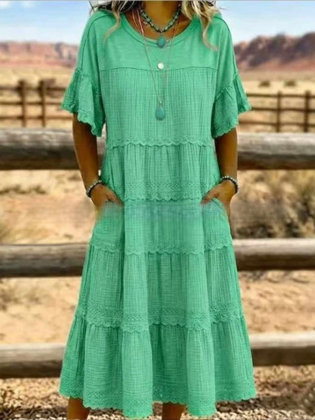 Round Neck Flutter Sleeve Lace Trim Tiered Midi Dress with Pockets