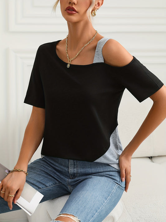 Colorblock Crew Neck T-Shirt, Casual One Side Cold Shoulder T-shirt