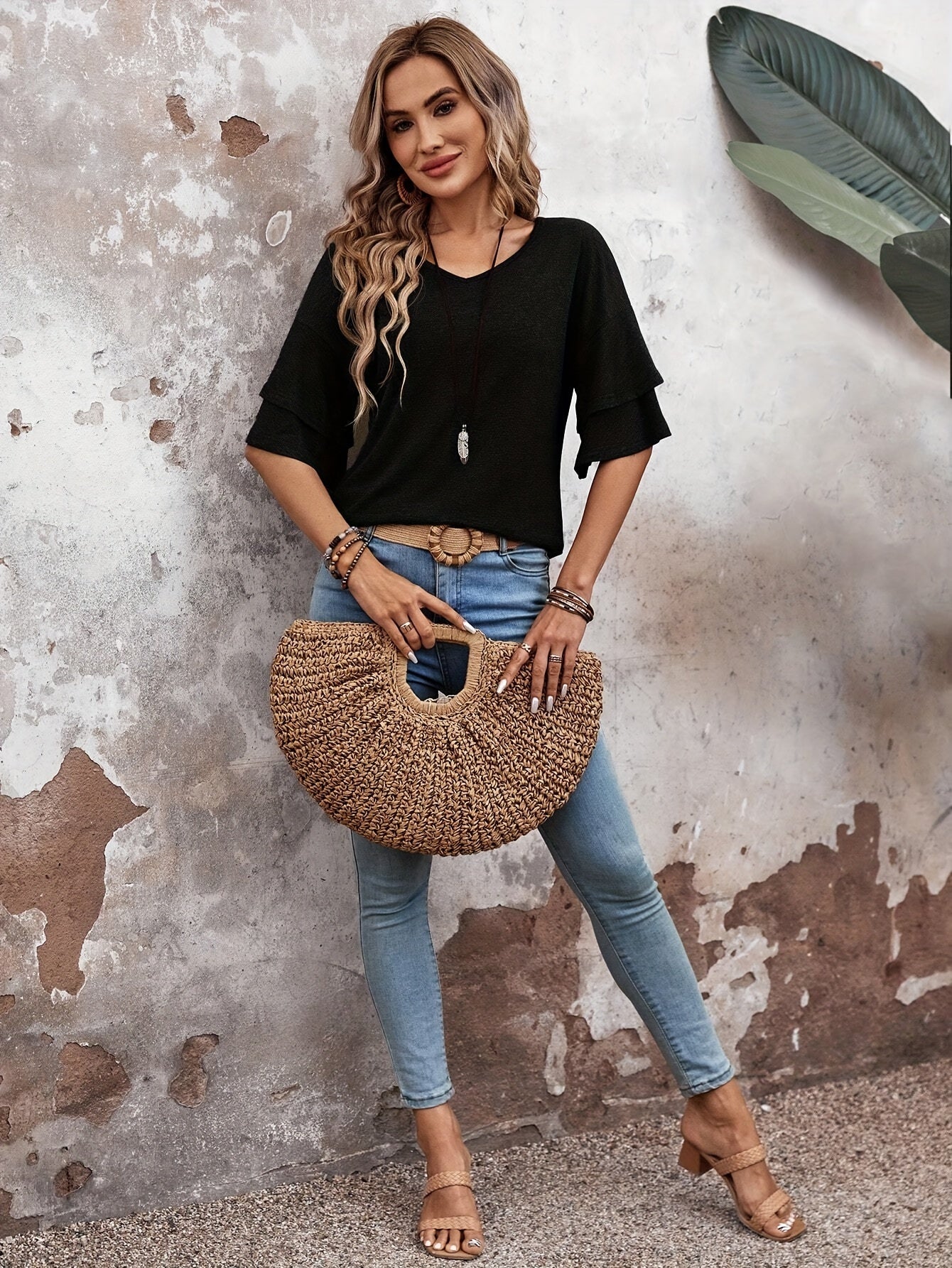 Casual Solid Color Flare Sleeve V Neck T-Shirt
