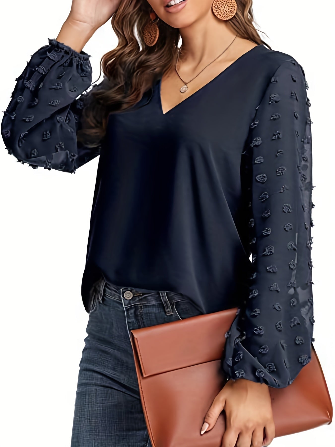 Swiss Dot Sleeve Shirt, Casual V Neck Solid Shirt