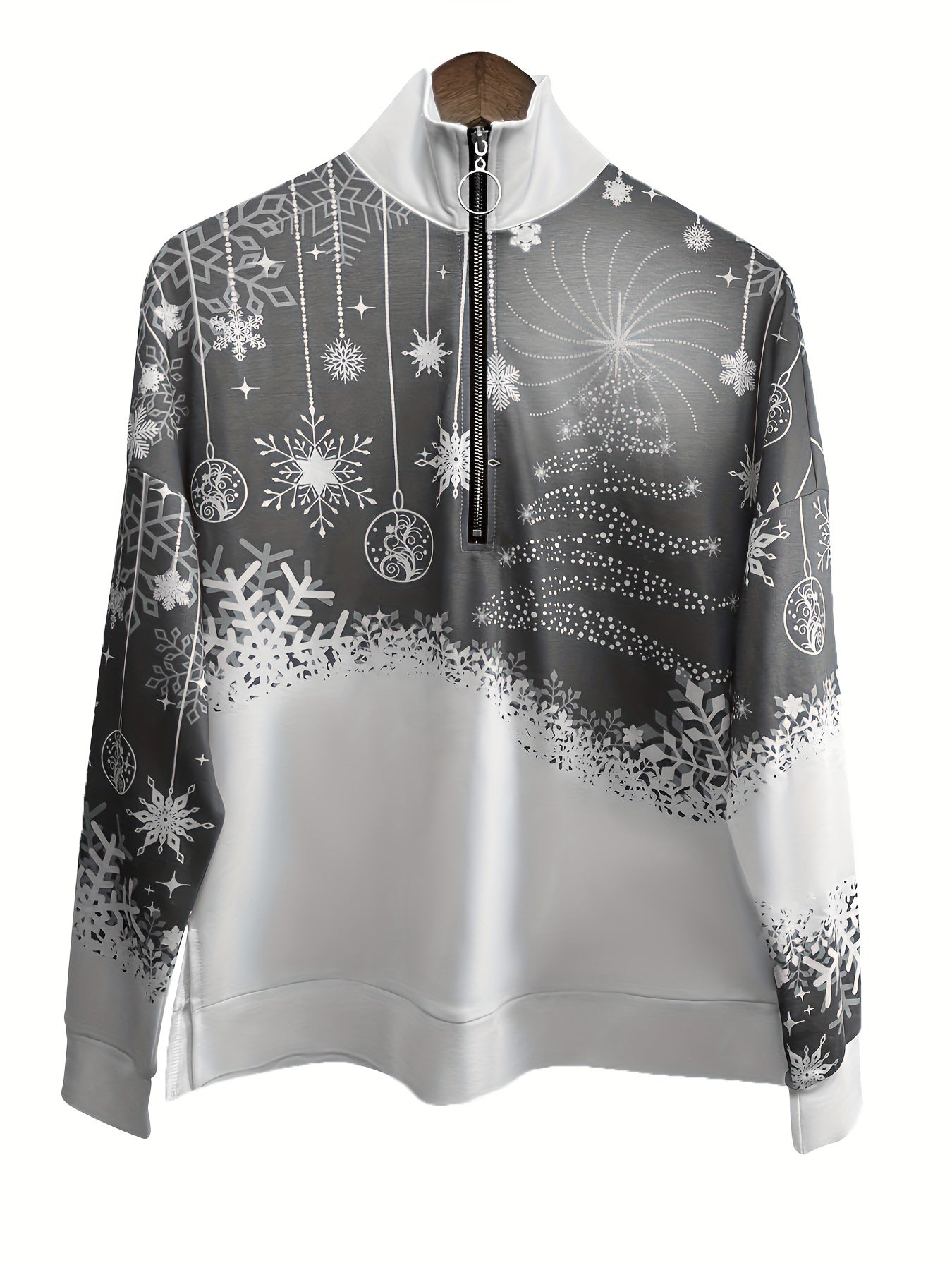 Christmas Print Zip Stand Collar Sweatshirt, Casual Long Sleeve Loose Sweatshirt