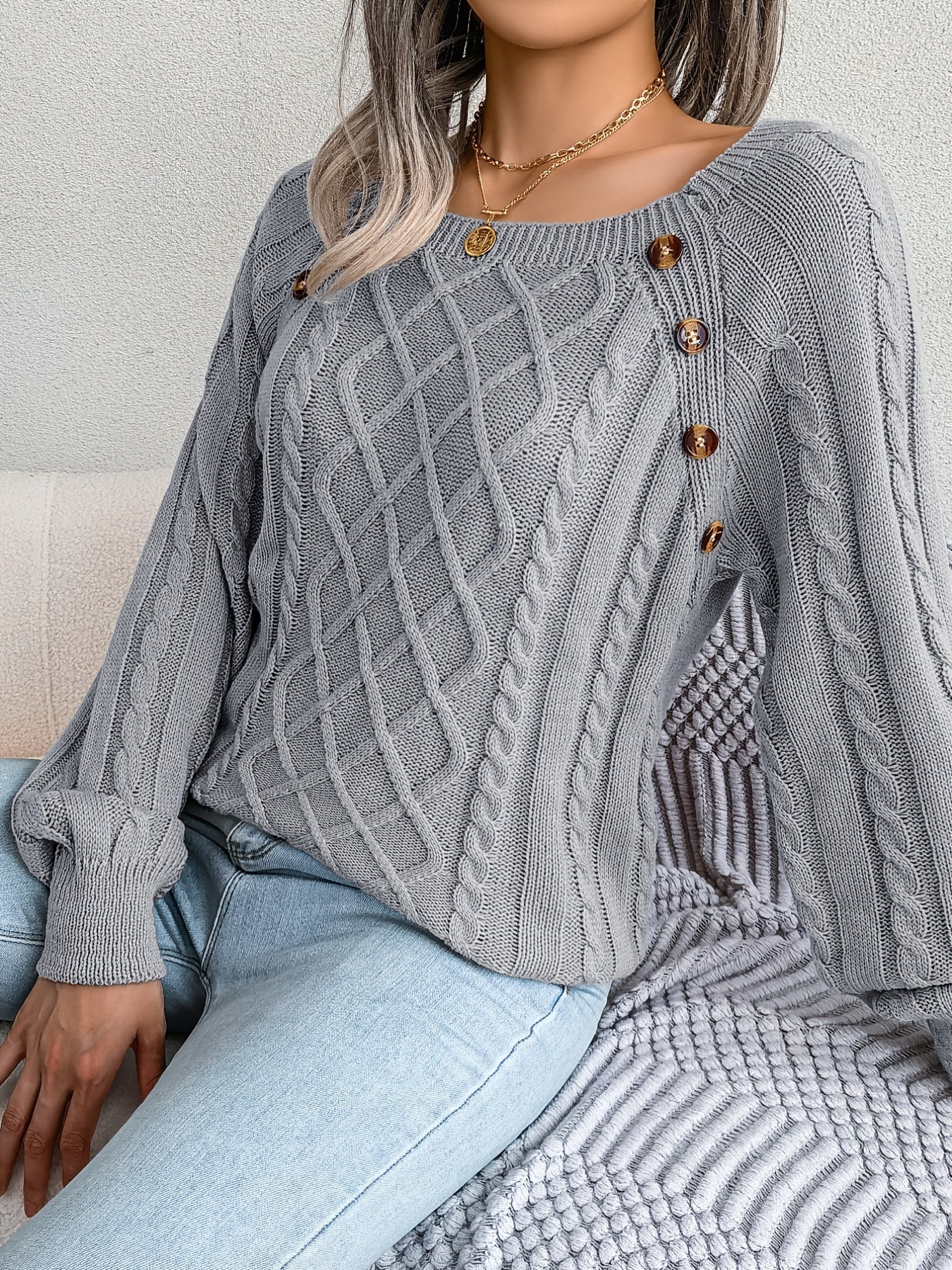 Cozy Women's Sweater with Textured Button Lantern Sleeves