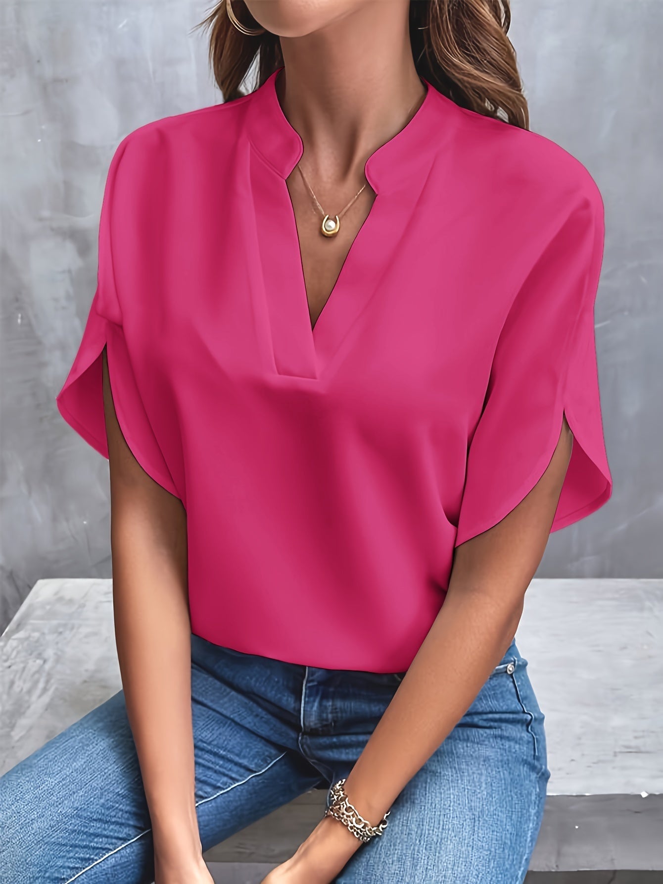Women's Casual Notch Neck Blouse with Split Sleeves