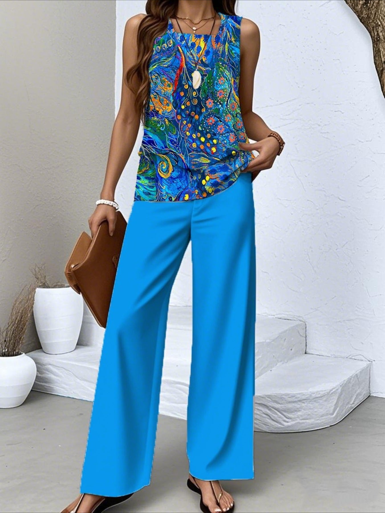 Crew Neck Sleeveless Layered Tank Top & Wide Leg Pants