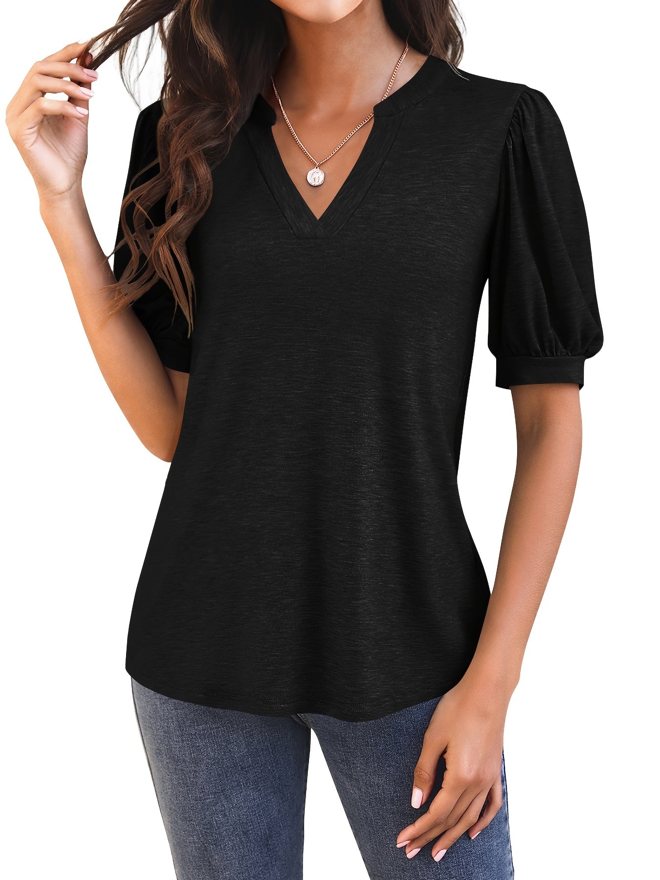 Solid Puff Sleeve T-Shirt, V Neck Short Sleeve T-Shirt, Casual Every Day Tops