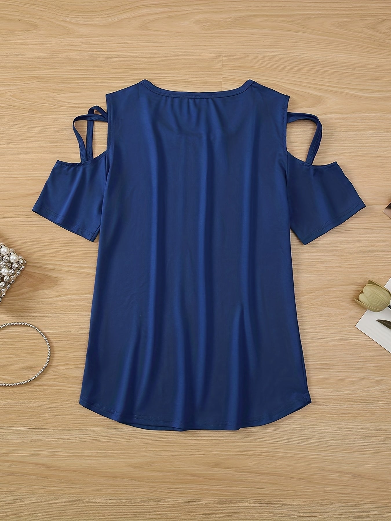 Solid Cold Shoulder T-shirt, Casual Crew Neck Short Sleeve T-shirt