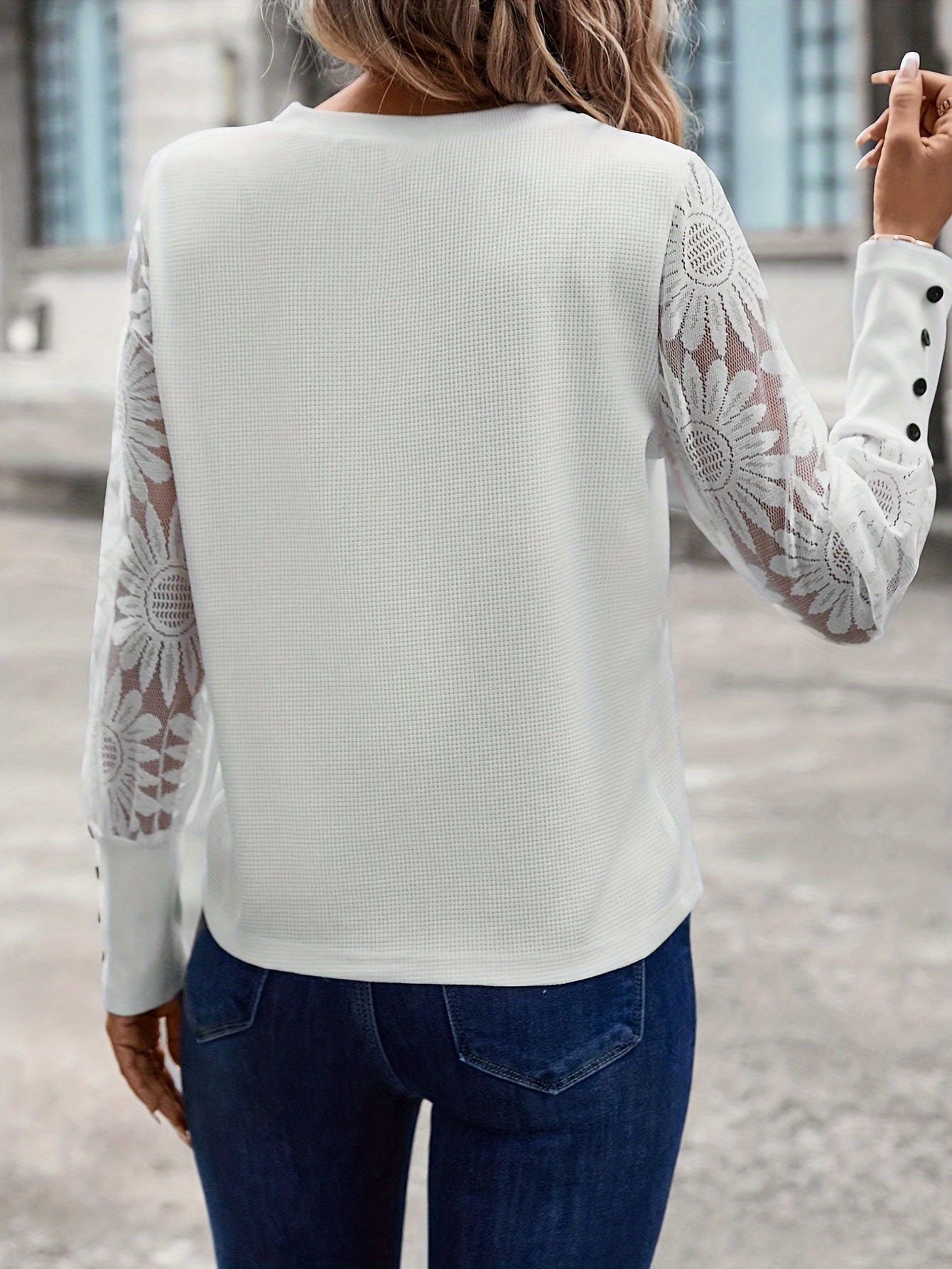 Floral Lace Splicing Elegant T-Shirt, Crew Neck Long Sleeve T-Shirt