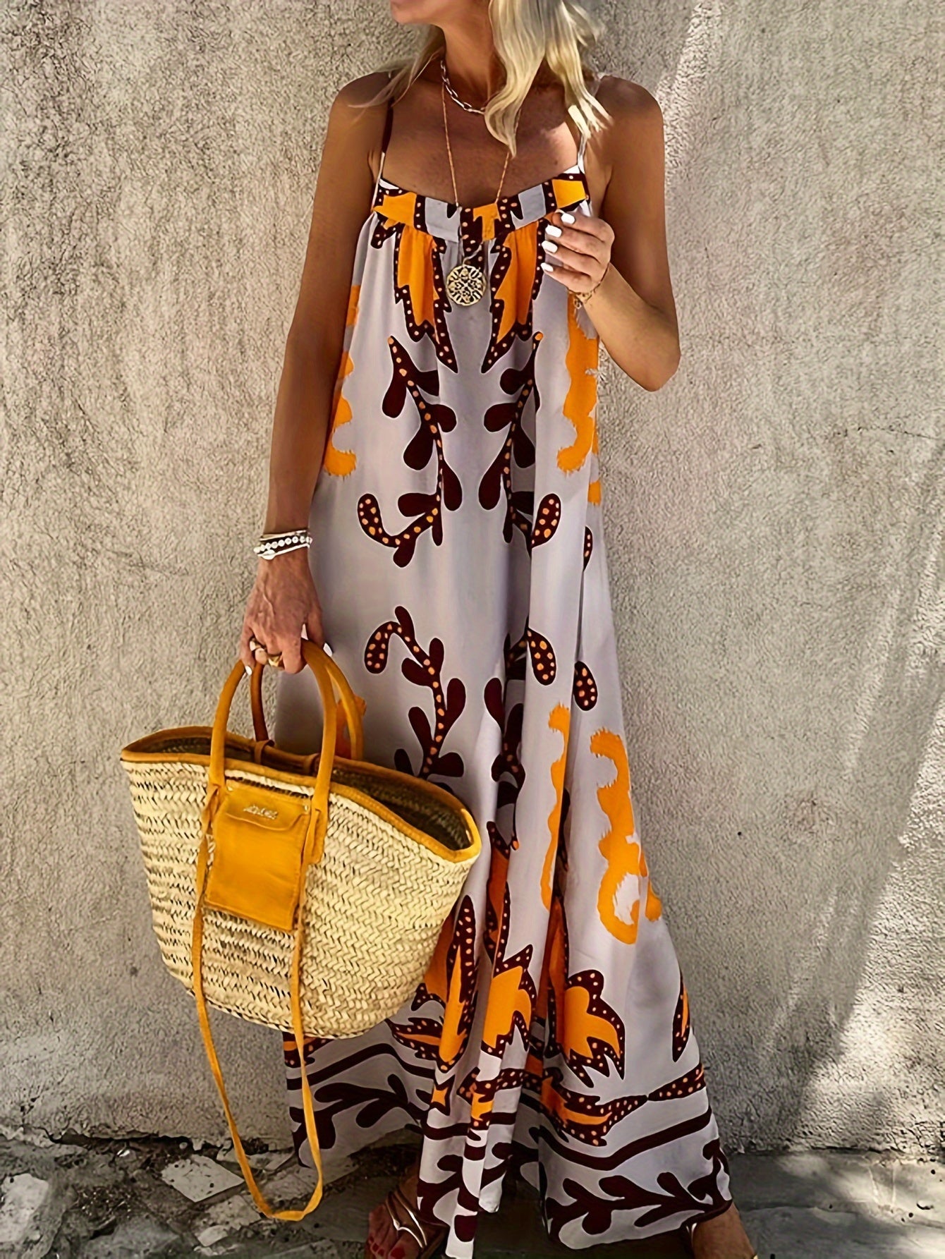 Ethnic Pattern Print Cami Dress, Vacation Tie Backless Sleeveless Dress