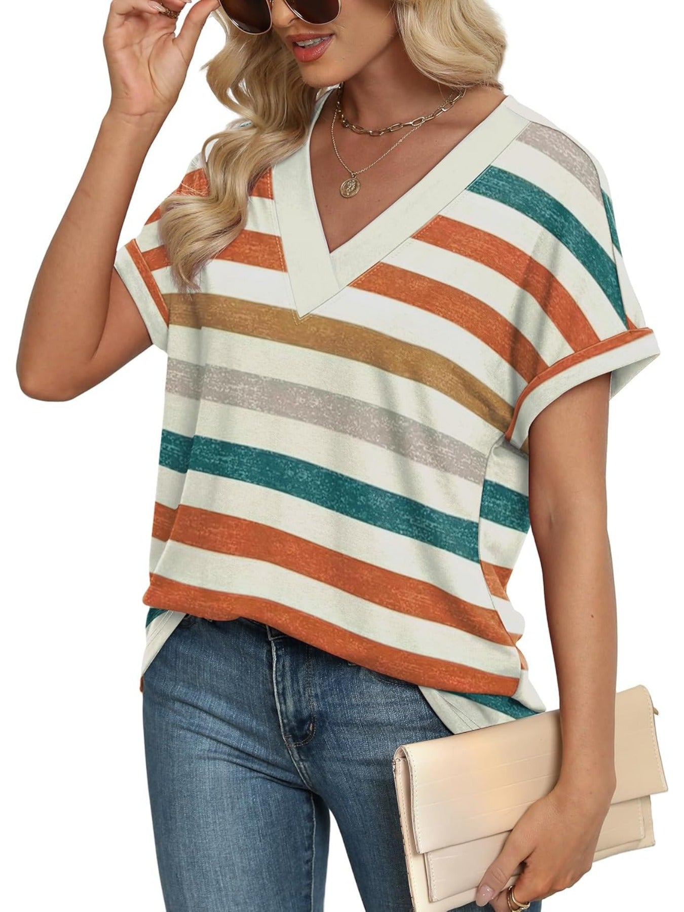 Solid Color V Neck Short Dolman Sleeve Shirts
