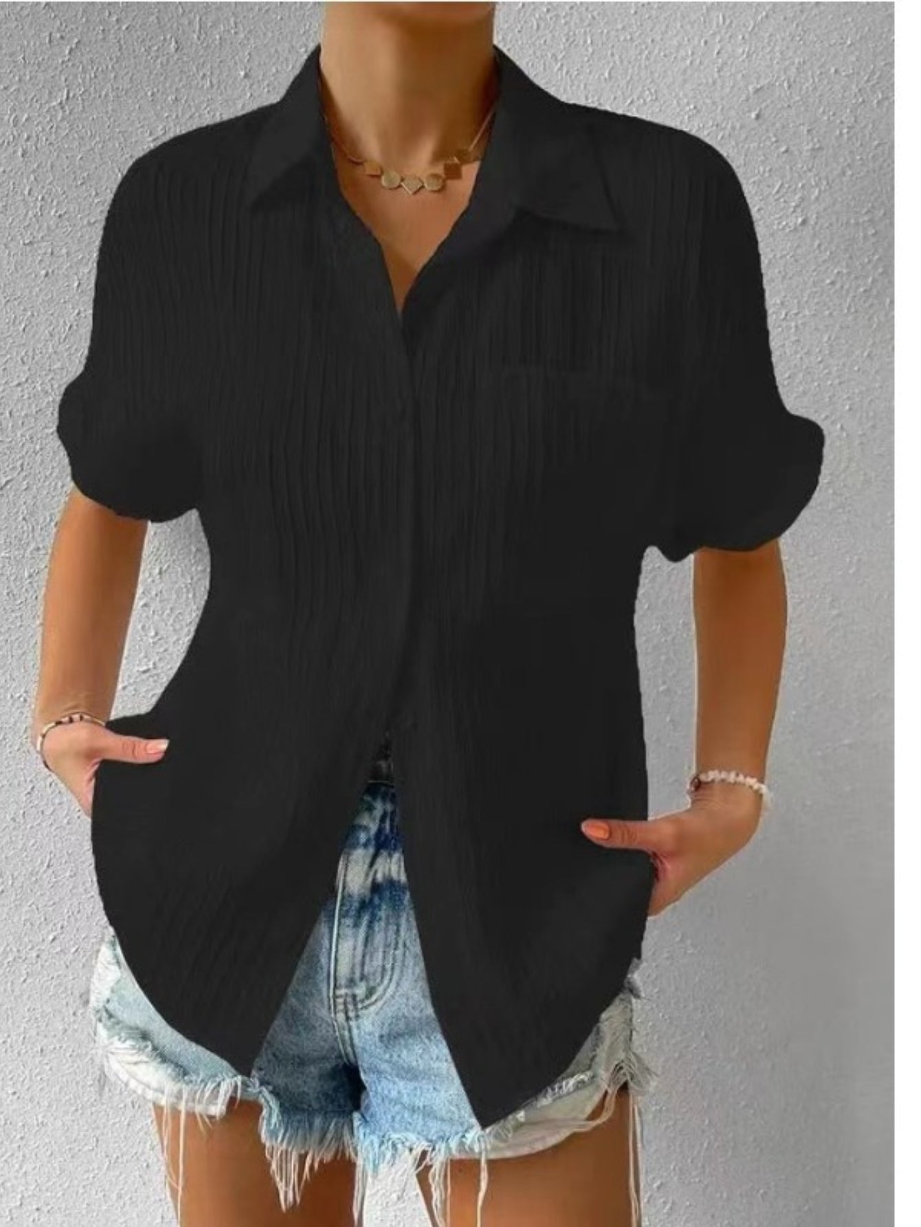 Women's Solid Button Front Casual Lapel Short Sleeve Everyday Shirt
