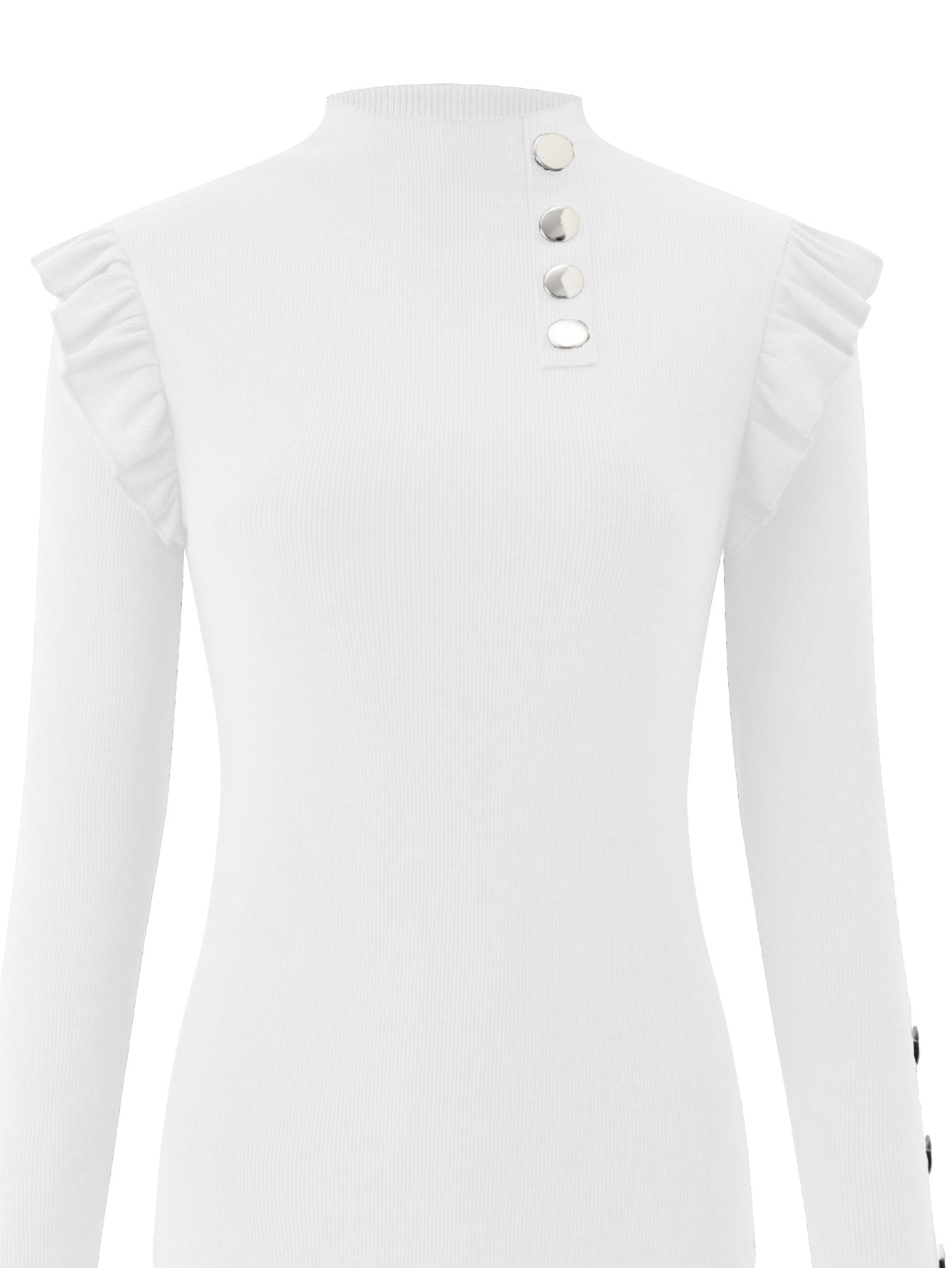 Solid Mock Neck Ruffle Trim Tee, Elegant Long Sleeve Slim T-shirt