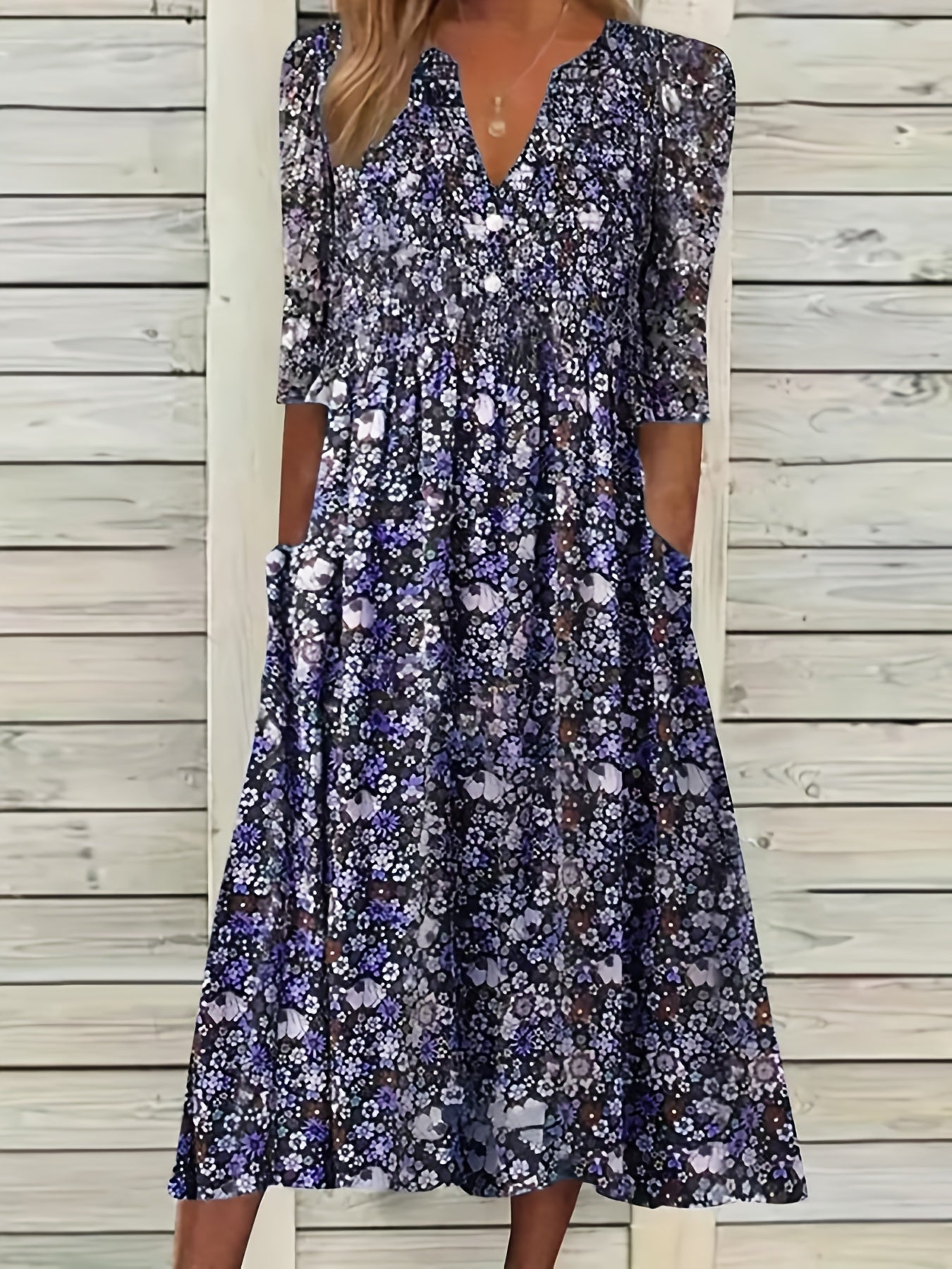 Ditsy Floral Print V Neck Dress, Casual Ruched Summer Dress With Pockets