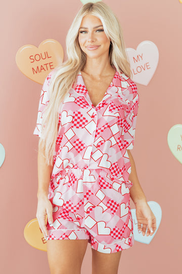 Pink Heart Print Shirt Style Silky Short Pajama Set