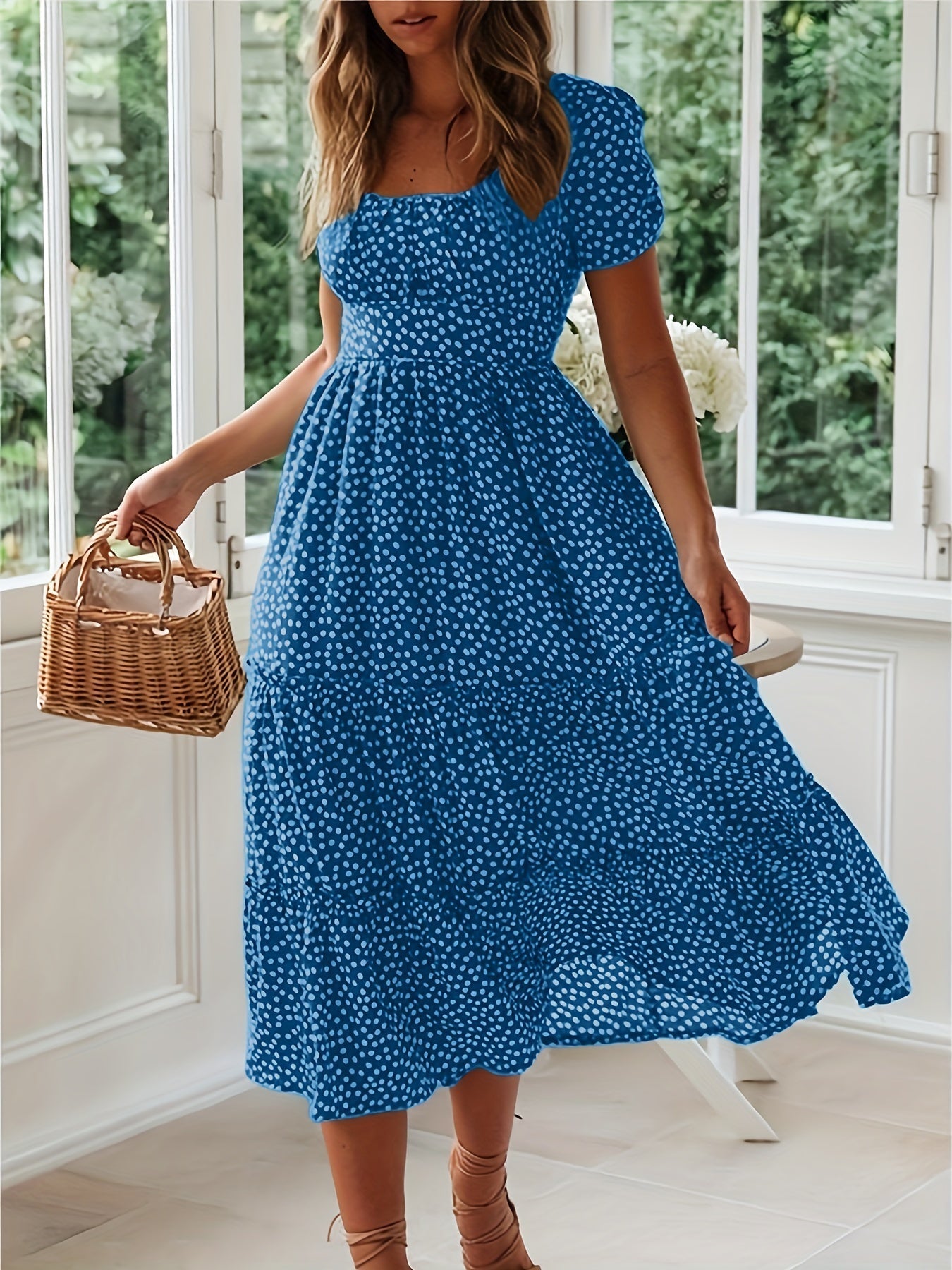 Polka Dot Ruffle Hem Dress, Casual Square Neck Short Sleeve Dress