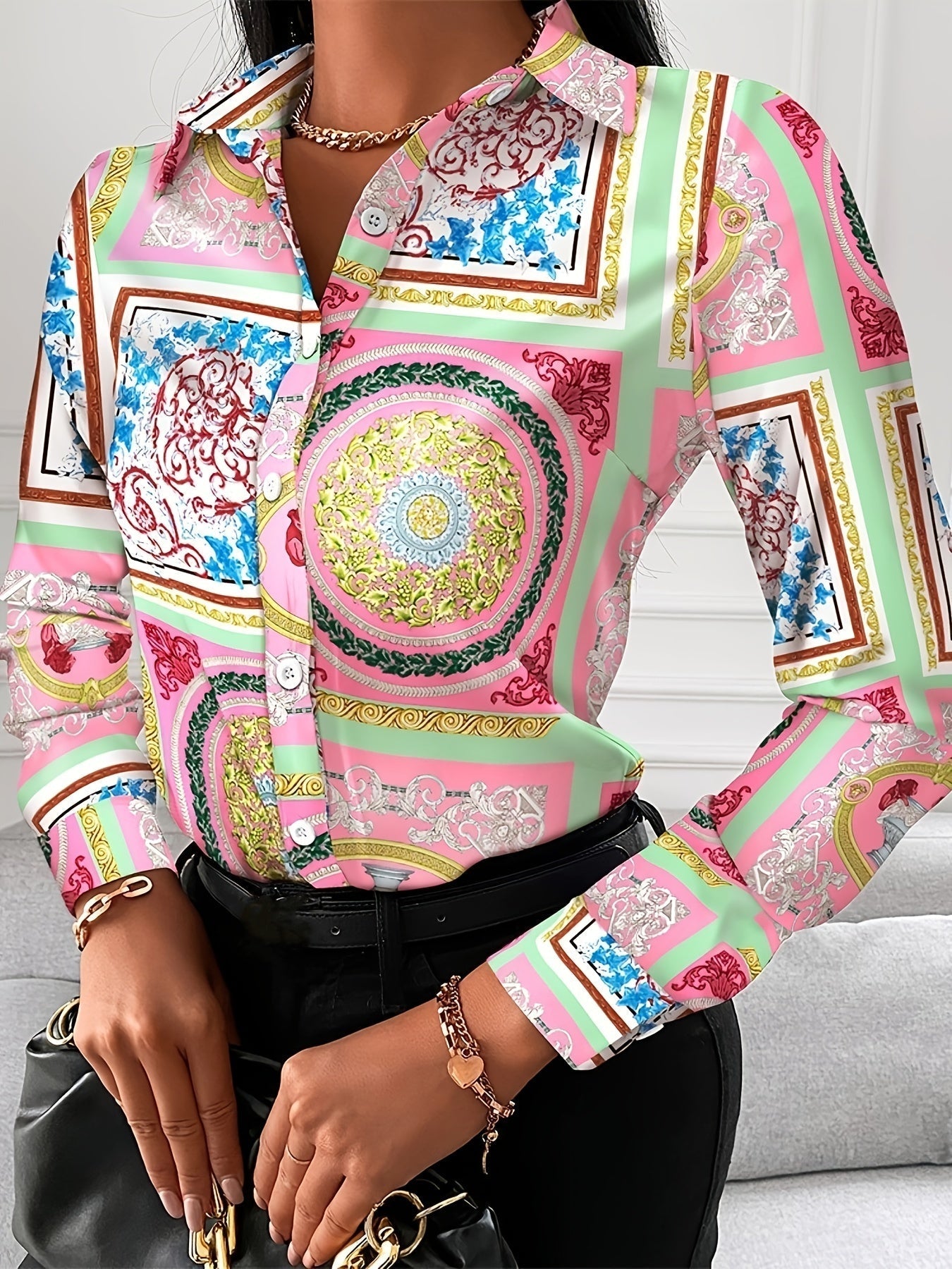 Women's Blouse V-neck Print Button Long Sleeve Loose Fall Blouse