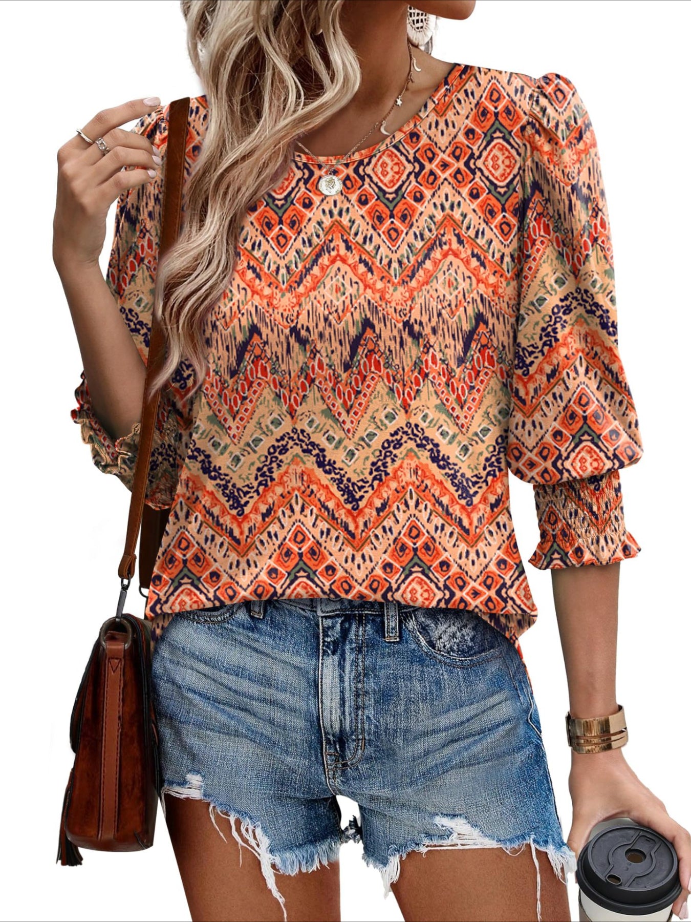 Casual 3/4 Length Sleeve Blouses with Smocked Cuffs