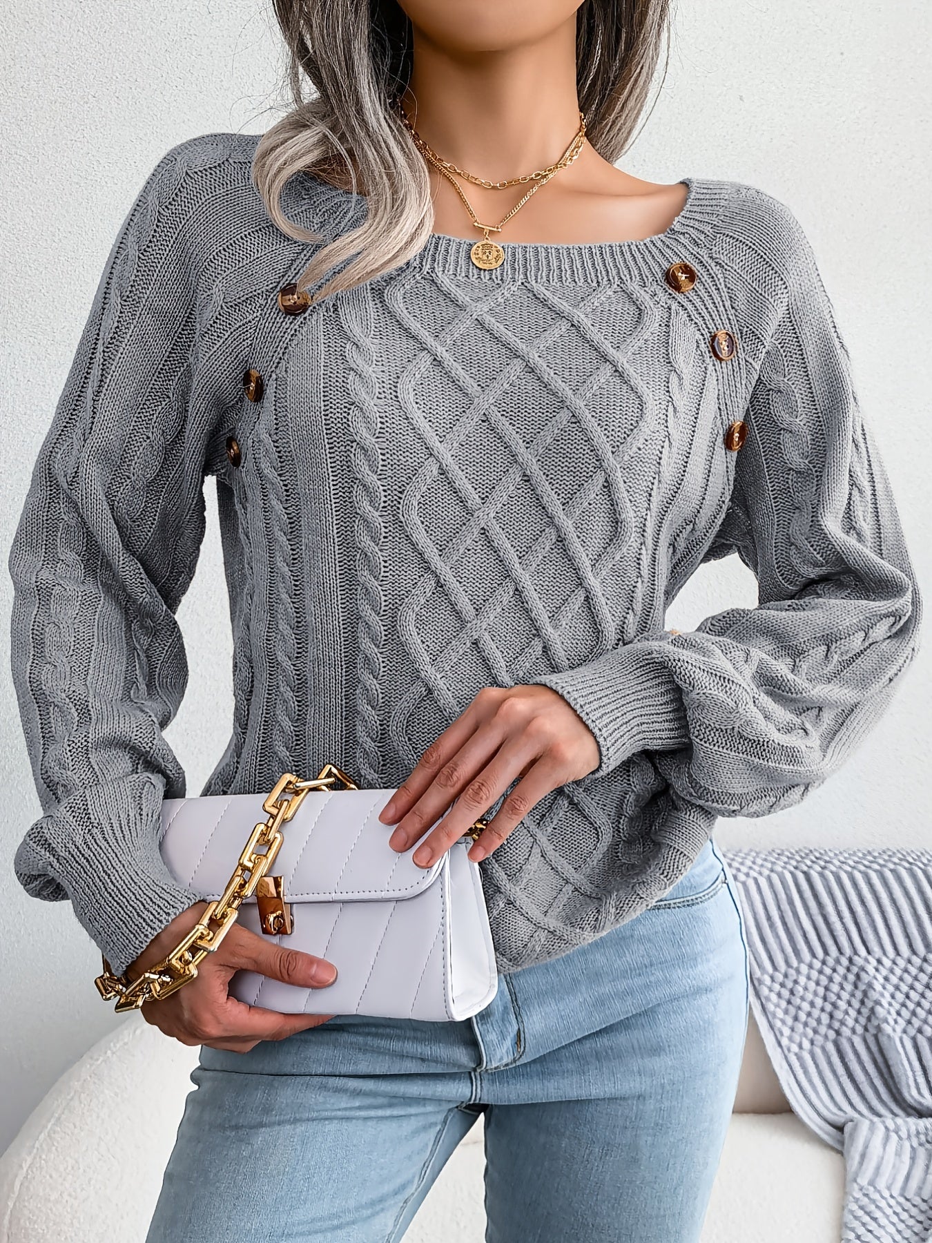 Cozy Women's Sweater with Textured Button Lantern Sleeves