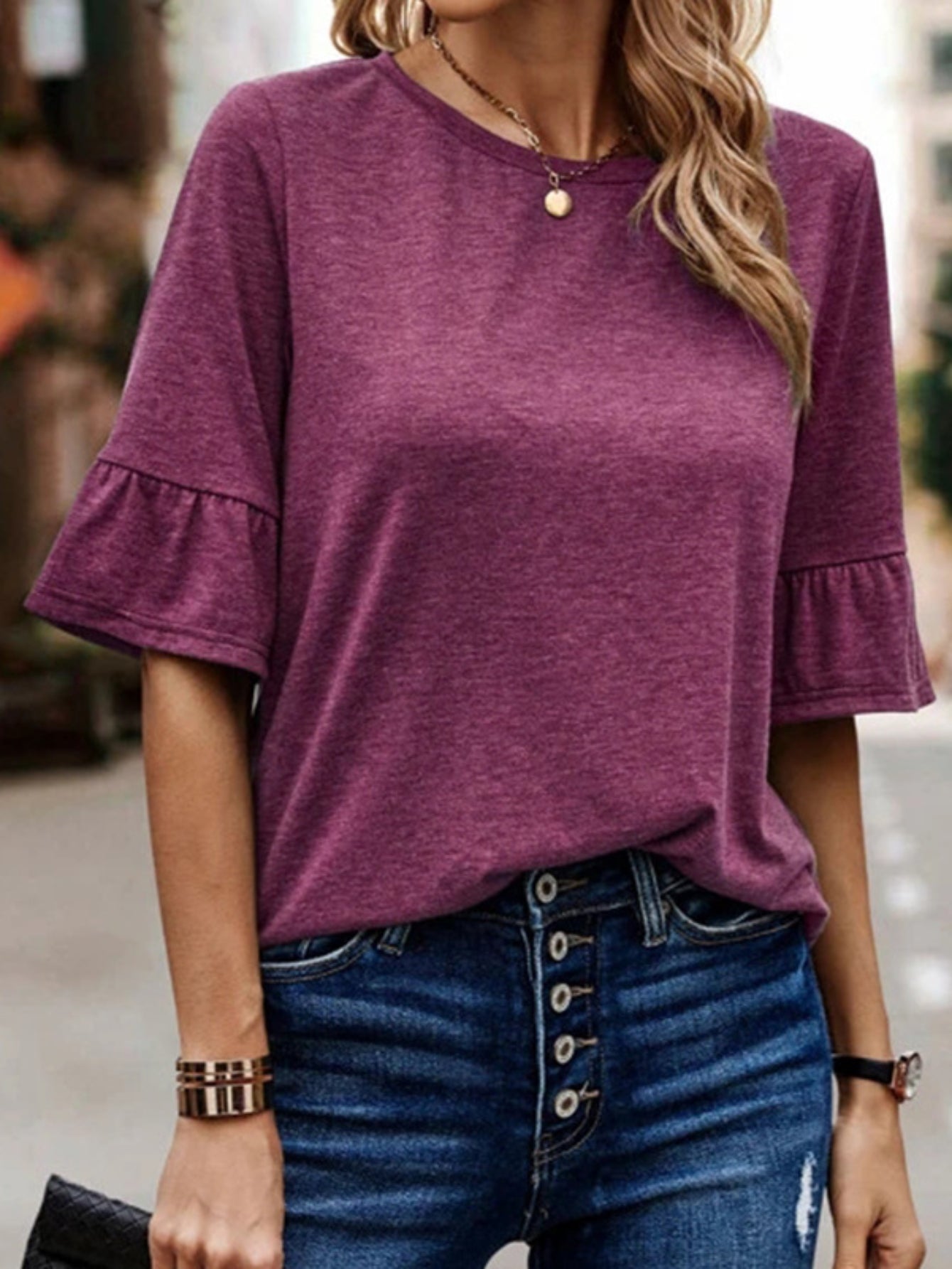 Button Back Solid T-shirt, Casual Crew Neck Half Sleeve T-shirt