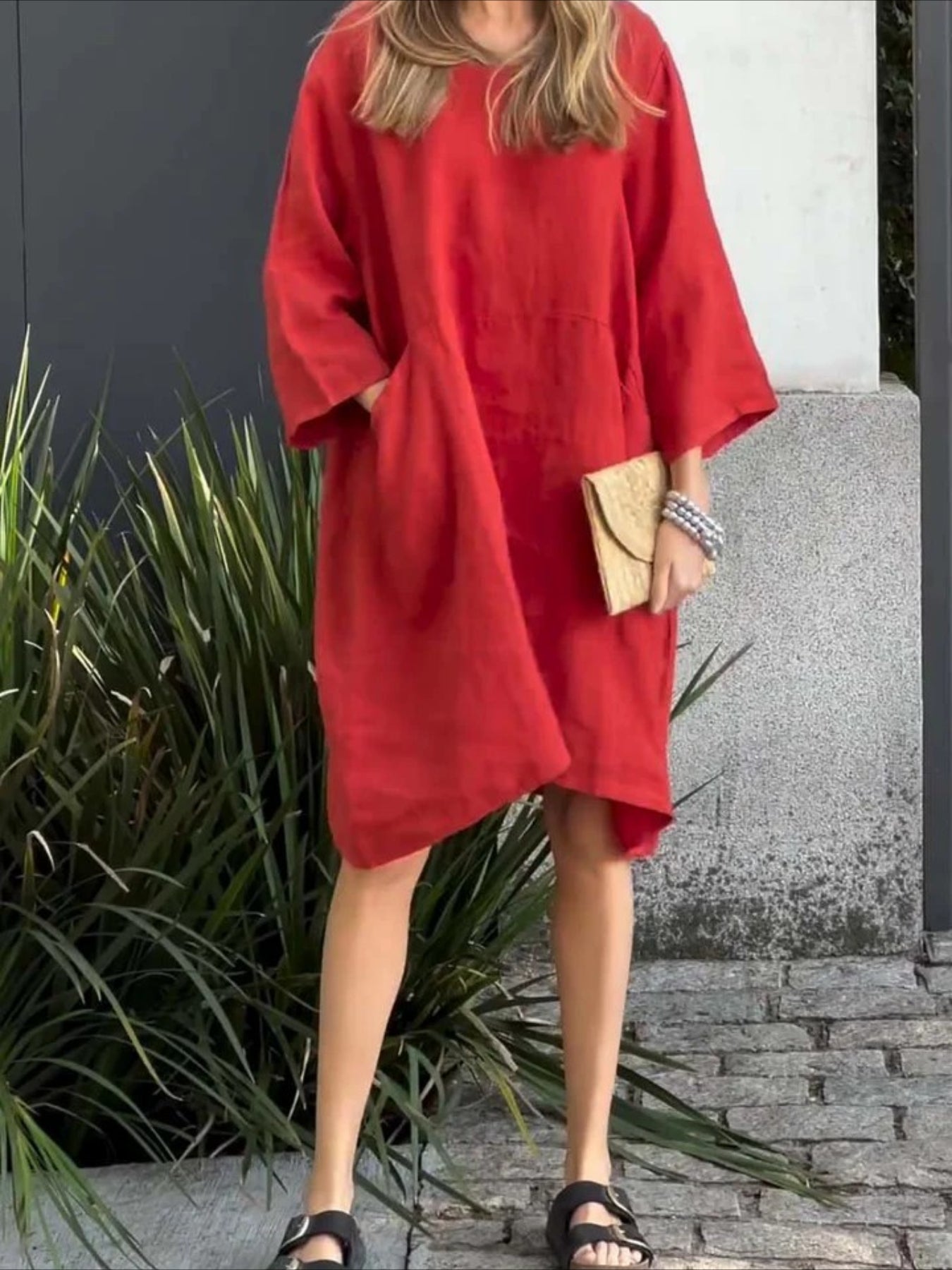 Loose Casual Cotton And Linen Plain Sweashirt Dress