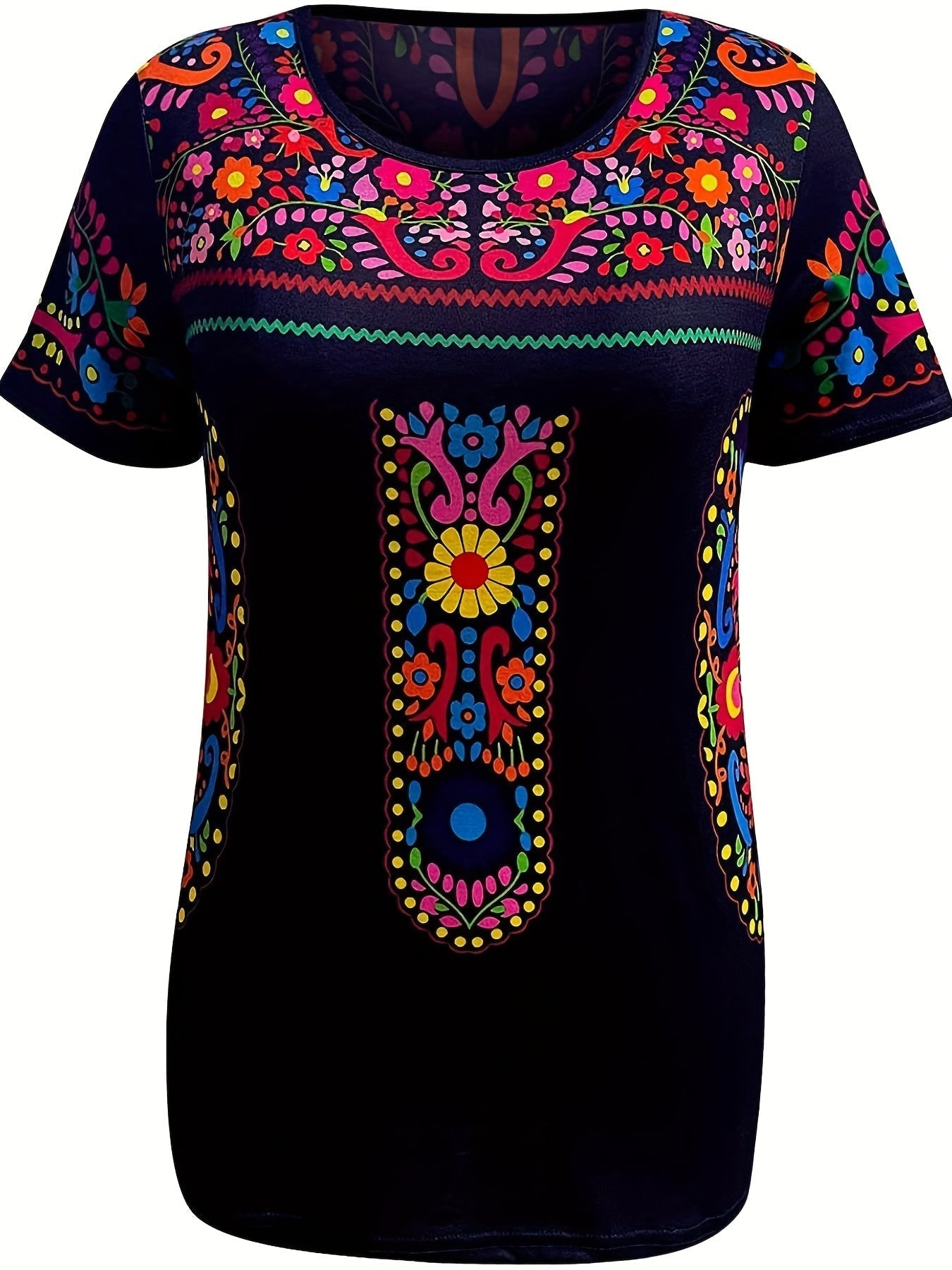 Floral Print Ethnic T-shirt, Boho Crew Neck Short Sleeve Summer T-shirt