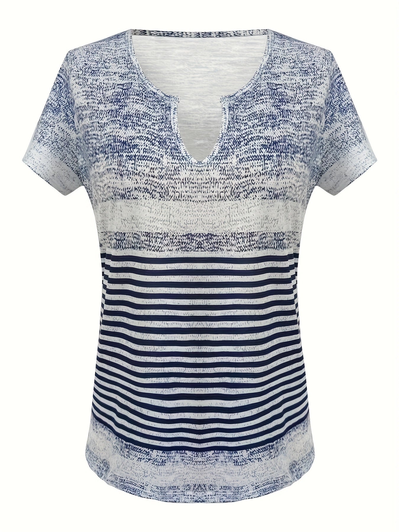 Elegant Striped V-Neck Short Sleeve White & Gray Geometric Pattern T-Shirt