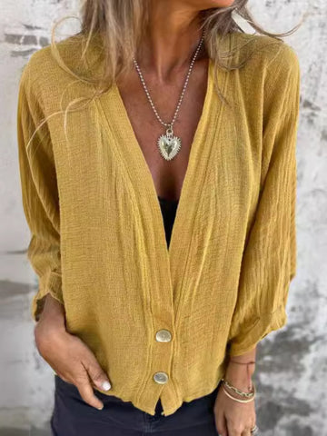 Casual Loose V Neck Buckle Blouse