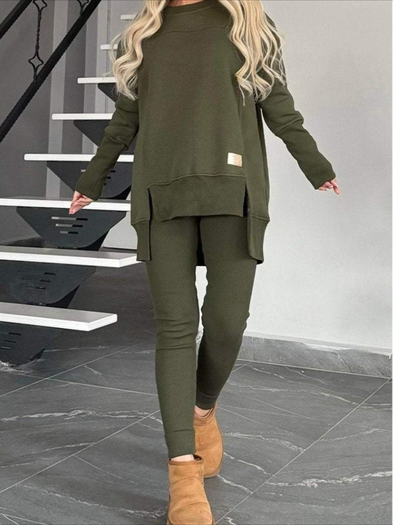 Slit Round Neck Top and Pants Set