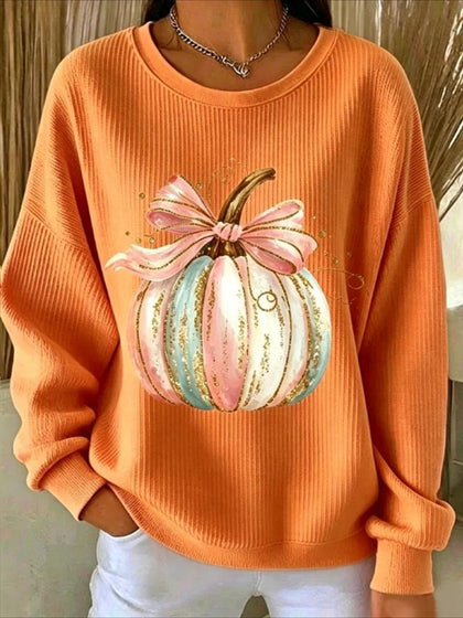 Pumpkins Halloween Printed Crew Neck Floral Long Sleeve Sweater Hoodie