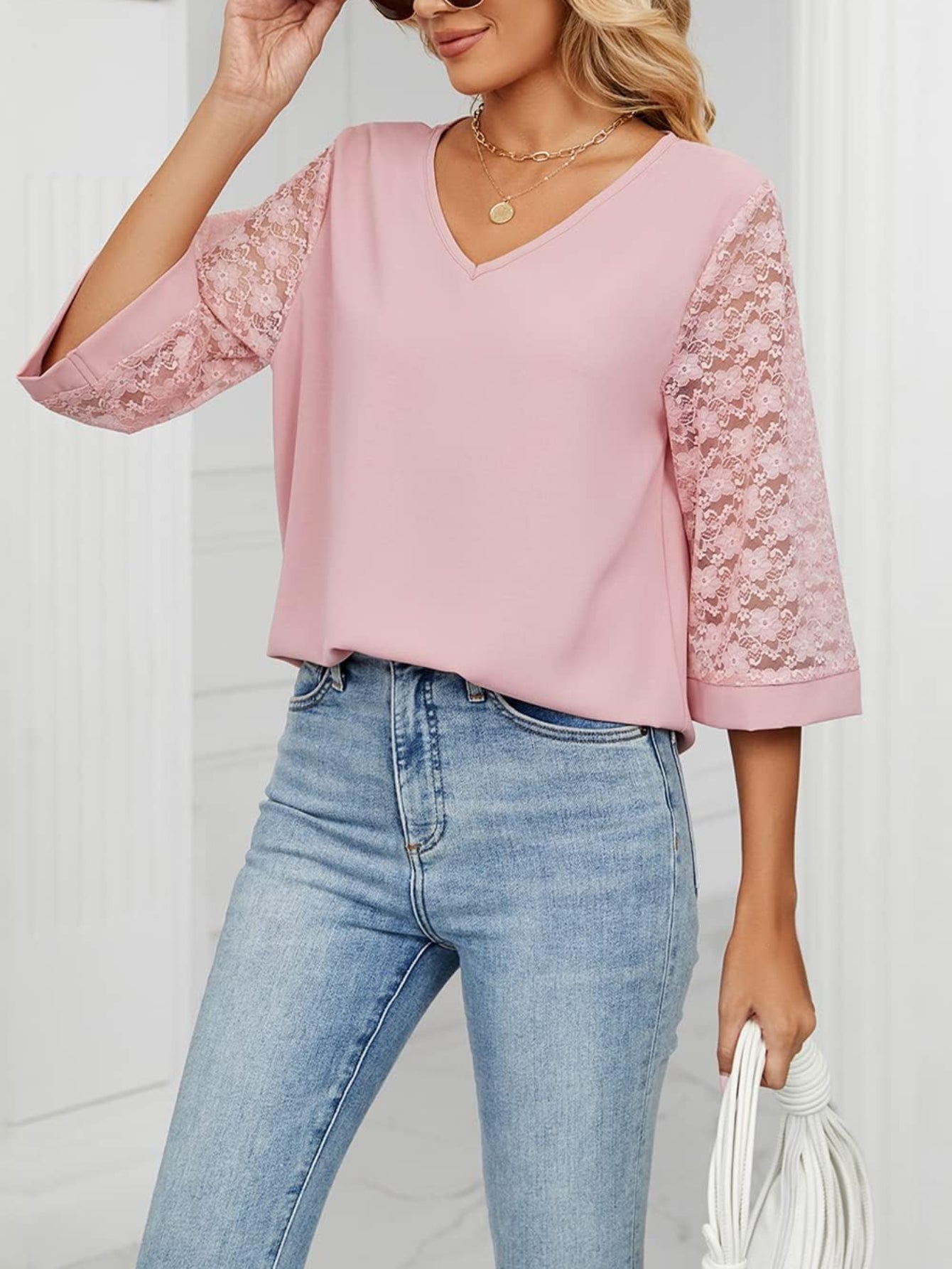 Casual 3/4 Sleeve Lace Chiffon Solid T-Shirt