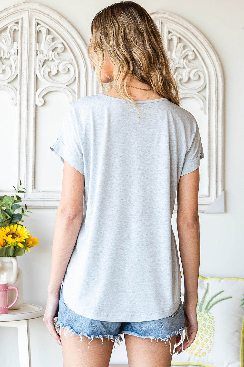 Gray V Neckline Buttoned Detail T-shirt