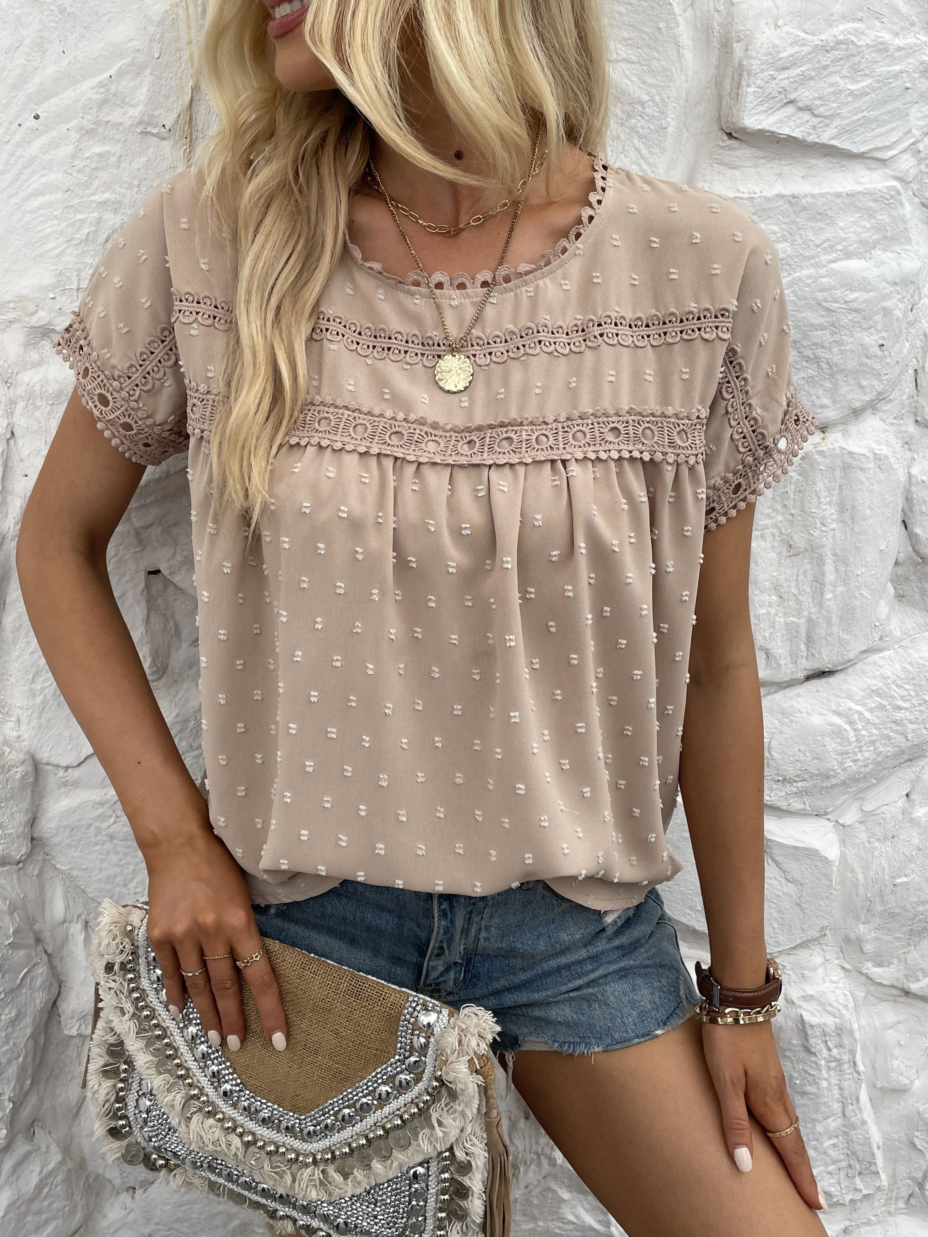 Women's Swiss Dot Embroidered T-Shirt, A Stylish and Comfortable Everyday Top