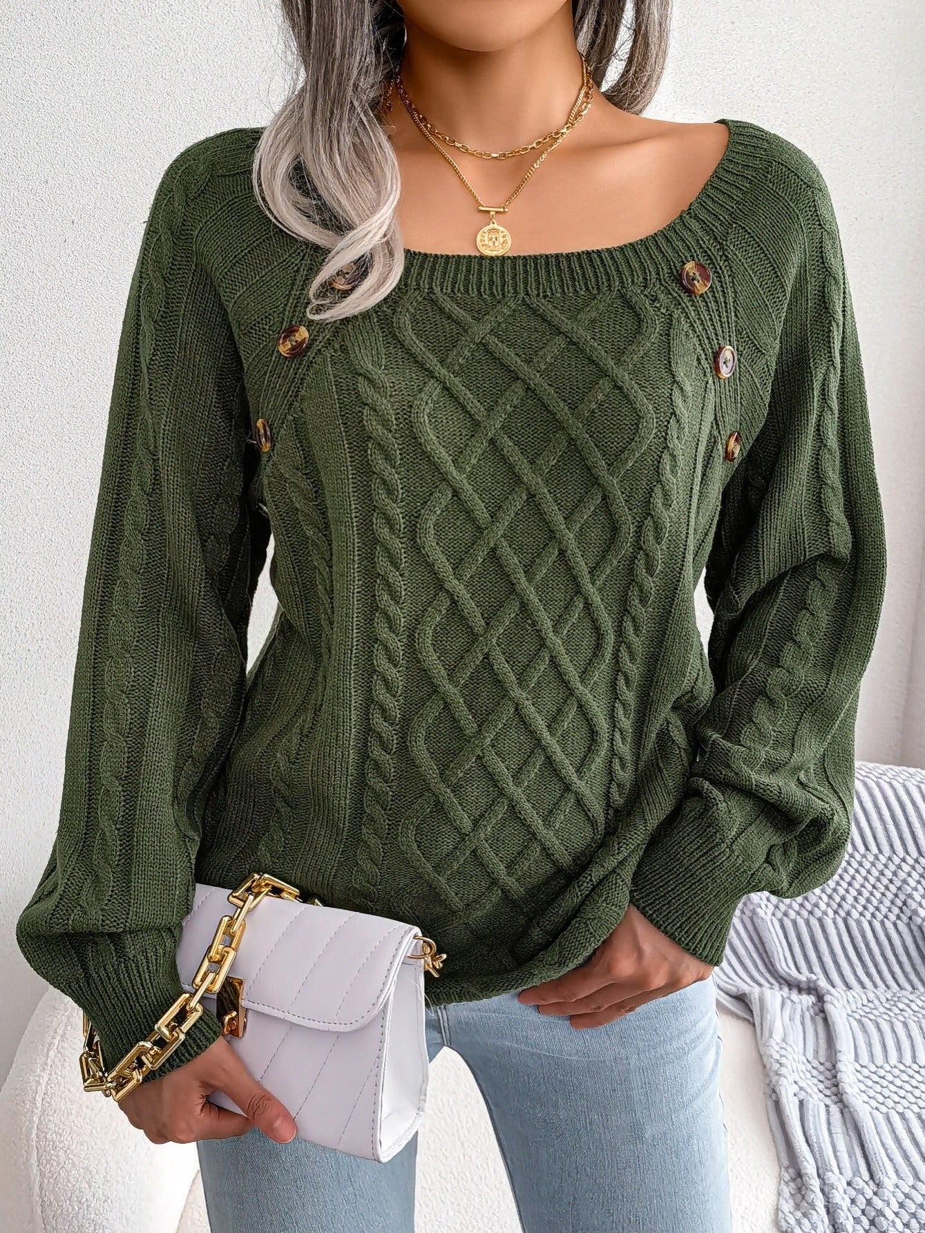 Cozy Women's Sweater with Textured Button Lantern Sleeves