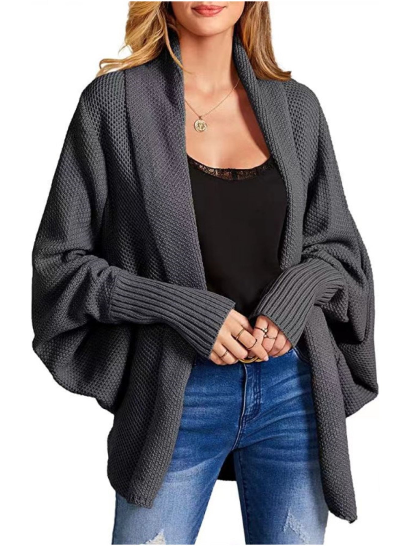 Cozy Solid Color Batwing Sleeve Cardigan - Women's Elegant Knitted Cardigan