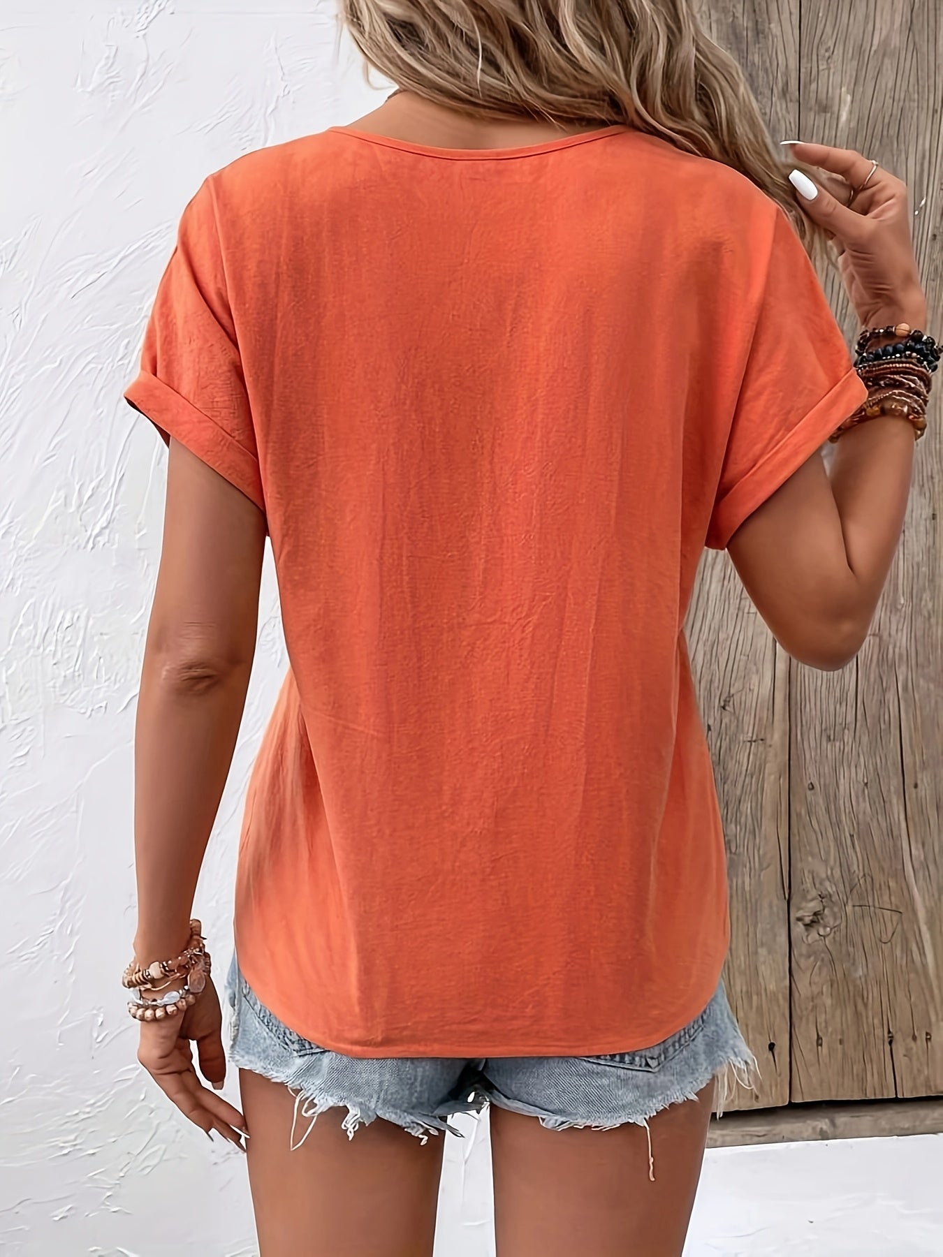 Elegant V-Neck Short Sleeve Button Detail Blouse
