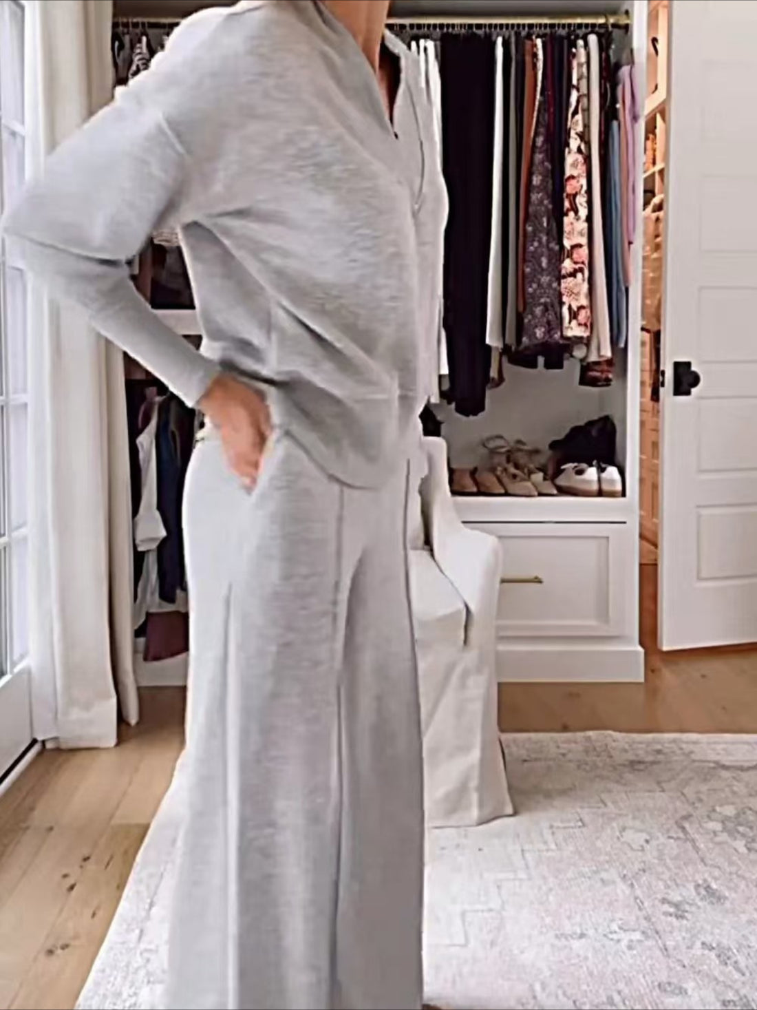 Split Joint Plain Daily Going Out Casual Spring/Fall Top With Pants Matching Two-Piece Set