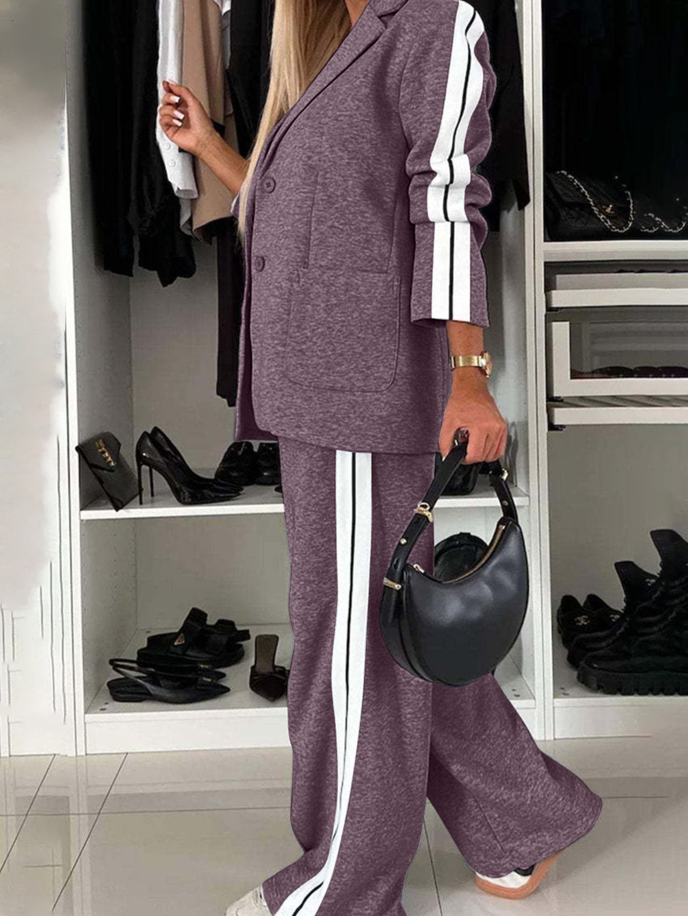 Full Size Contrast Lapel Collar Top and Pants Set