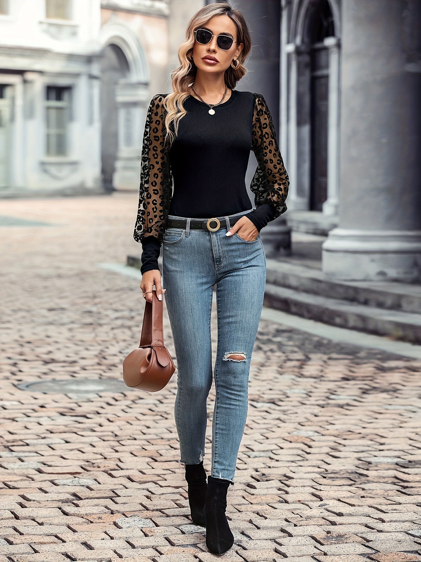 Solid Color Lace Patchwork Ballon Sleeve Ribbed Knit Tops, Elegant Everyday Blouse