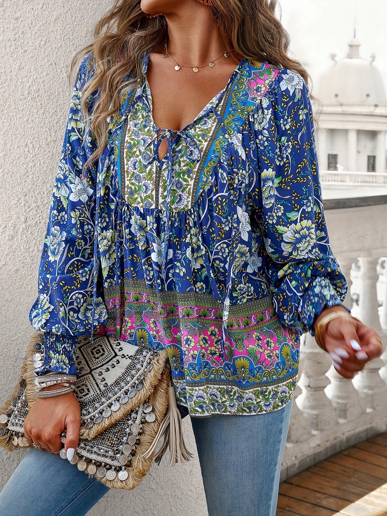 Drawstring Long Sleeve Casual Floral Print V Neck Blouse