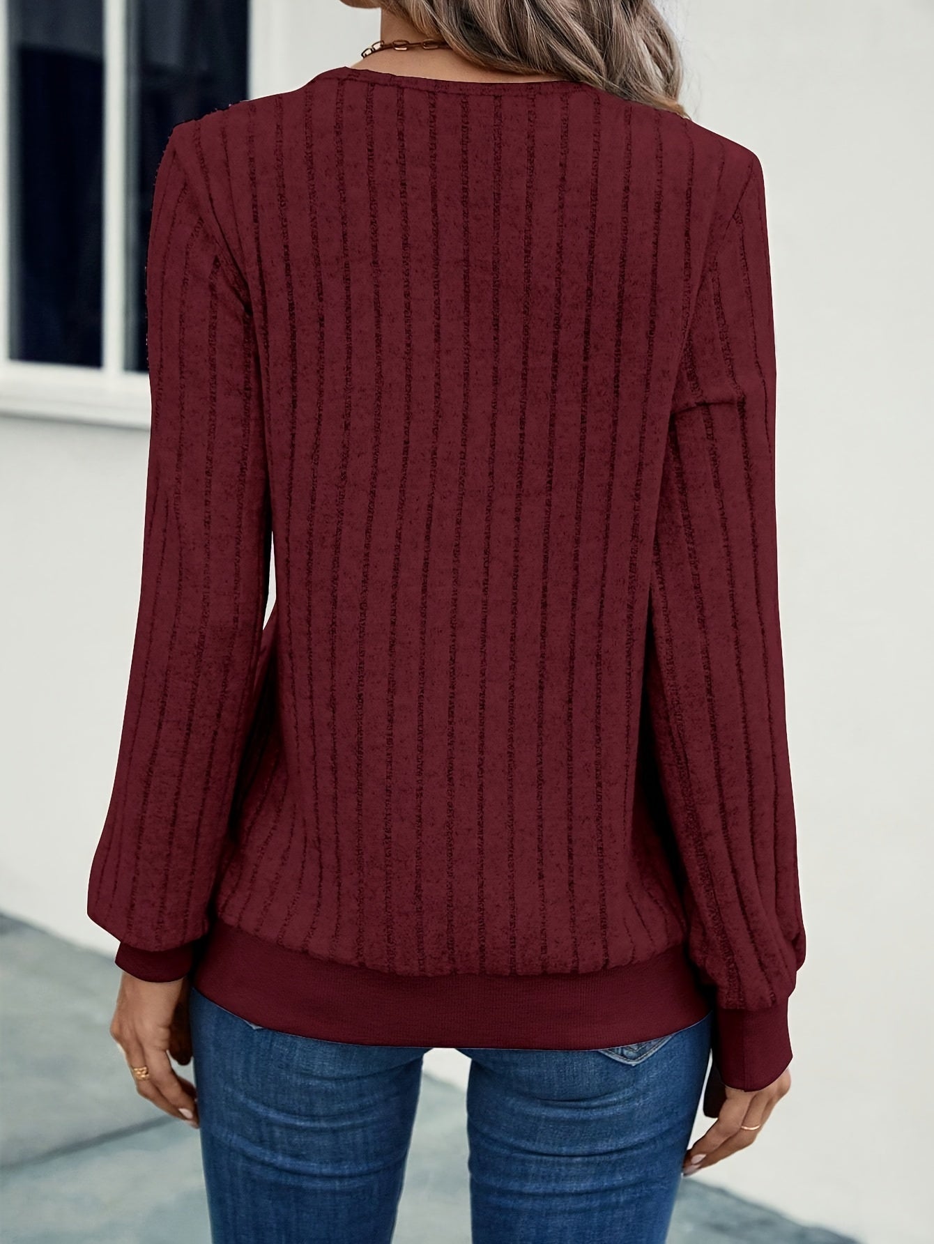 Women's Casual V-Neck Long Sleeve Knit Top - Solid Color, Stretchy Polyester Blend, Machine Washable
