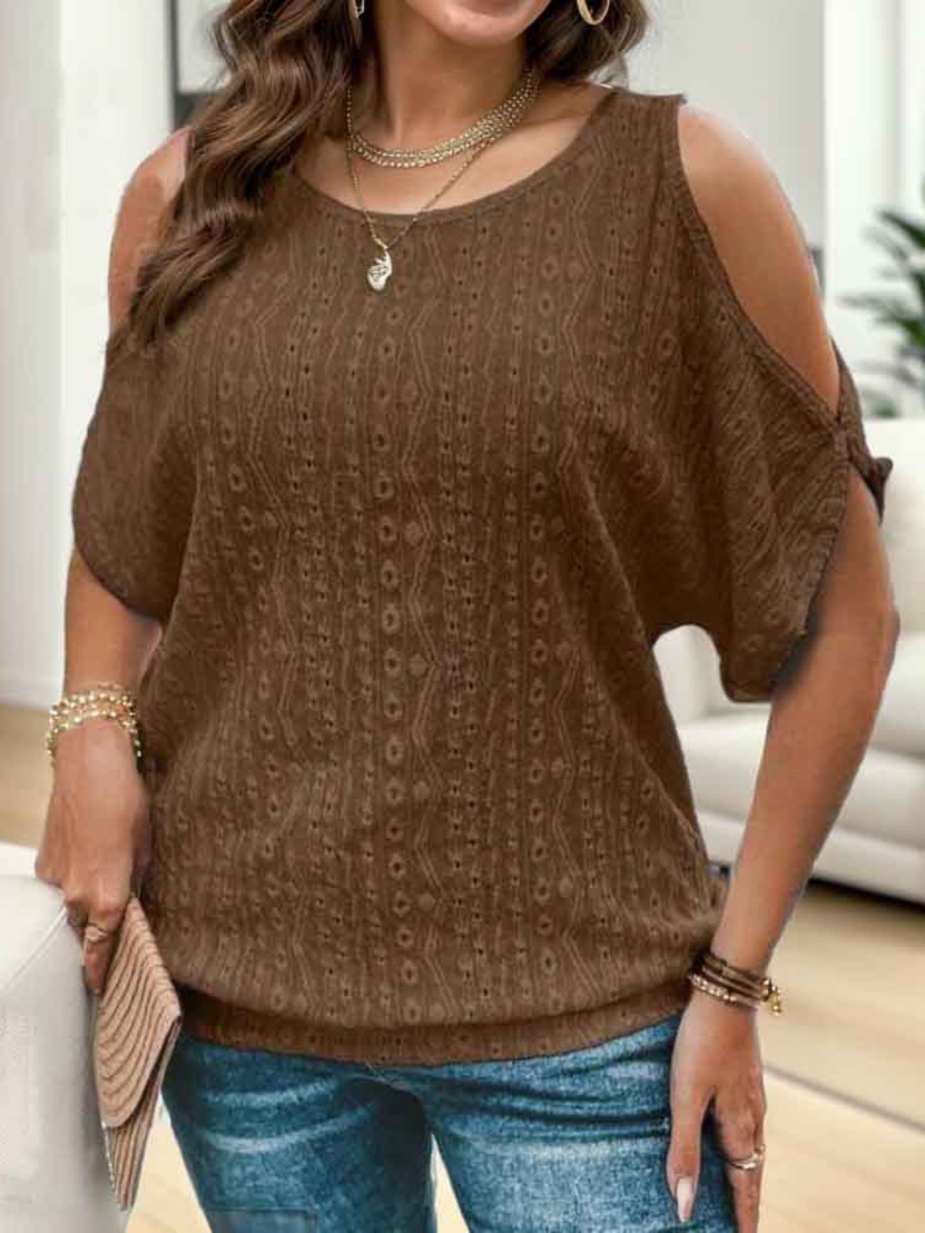 Eyelet Jacquard Cold Shoulder T-Shirt, Casual Short Sleeve Top