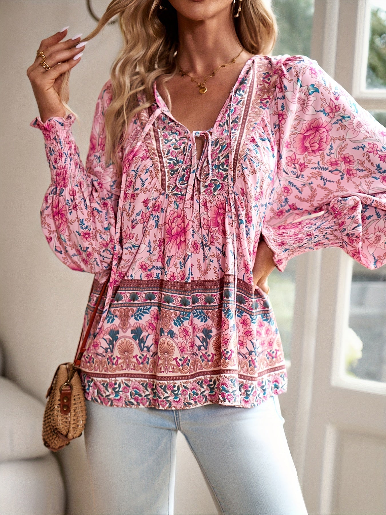 Drawstring Long Sleeve Casual Floral Print V Neck Blouse